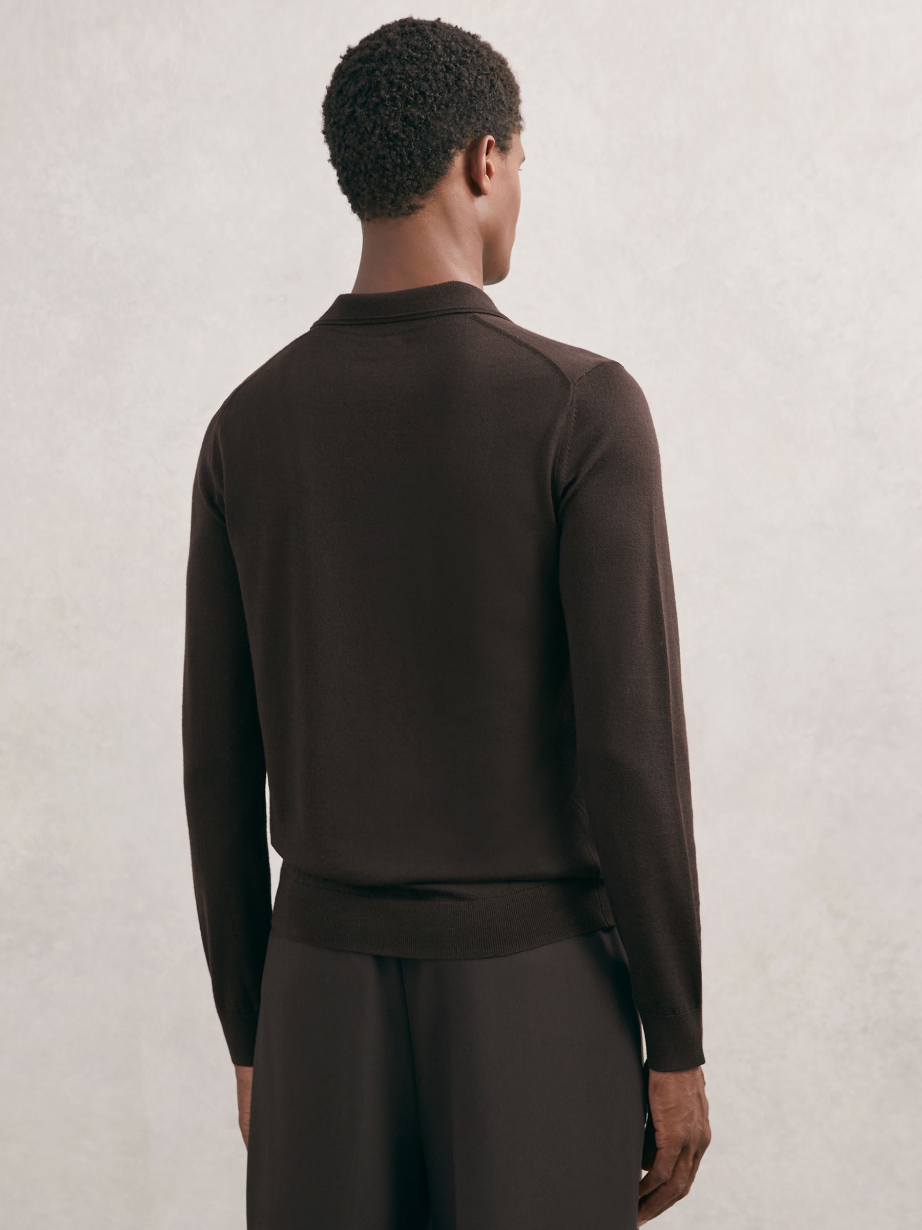 Merino Wool Open-Collar Polo Shirt in Chocolate Brown - Image 5 of 6