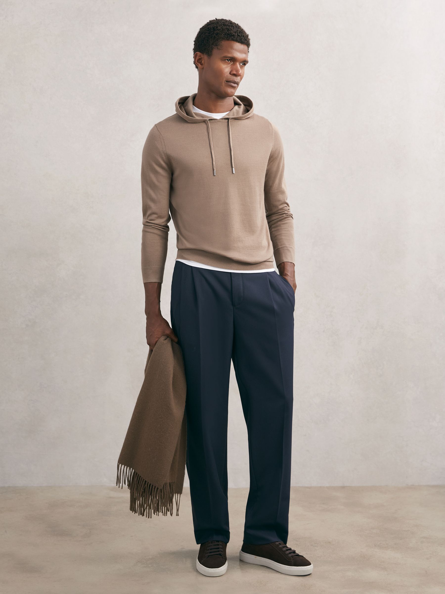 Merino Wool Drawstring Hoodie in Camel Brown - Image 3 of 6