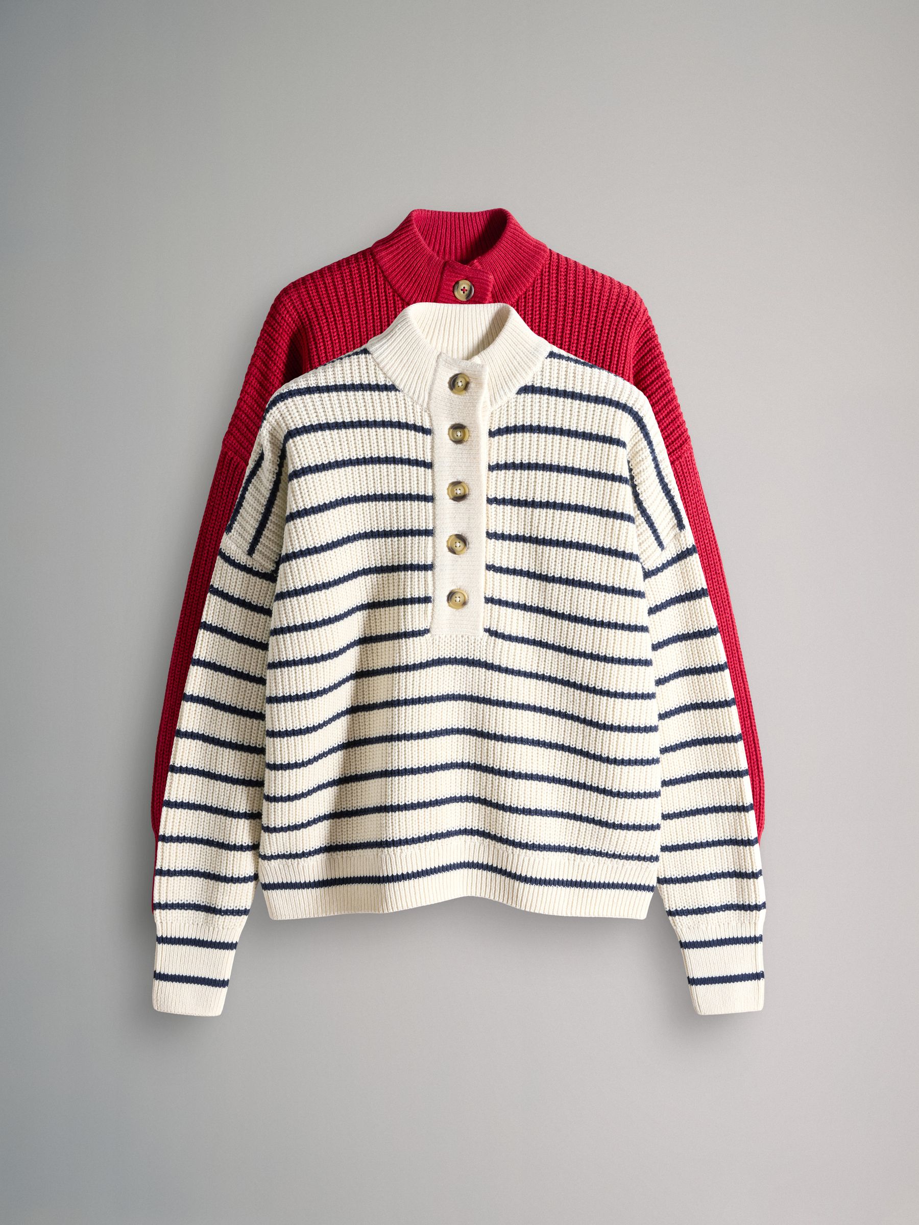 2 Pack Button Neck Chunky Ribbed Jumper Red/Cream & Navy Stripe - Image 2 of 6