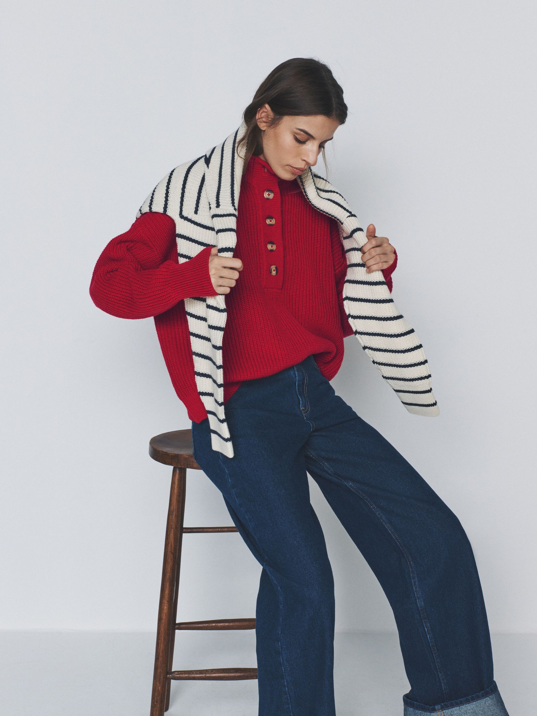 2 Pack Button Neck Chunky Ribbed Jumper Red/Cream & Navy Stripe - Image 5 of 6