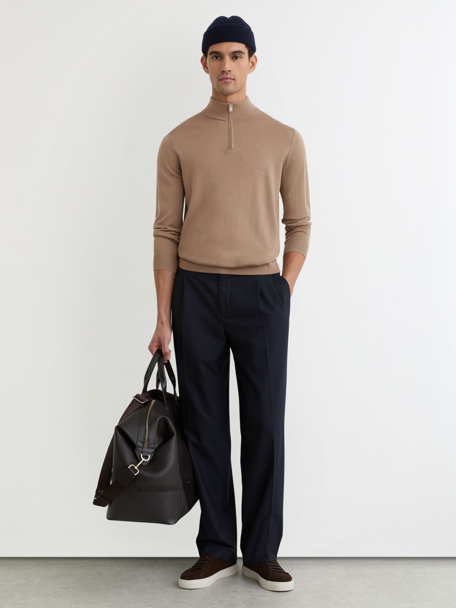 Wool Half-Zip Funnel Neck Jumper in Camel Brown - image 2