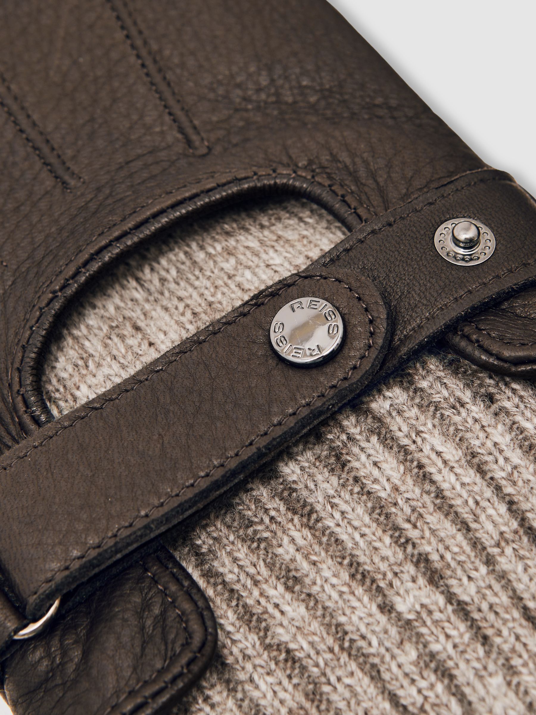 Leather Ribbed-Cuff Gloves in Dark Brown - image 1