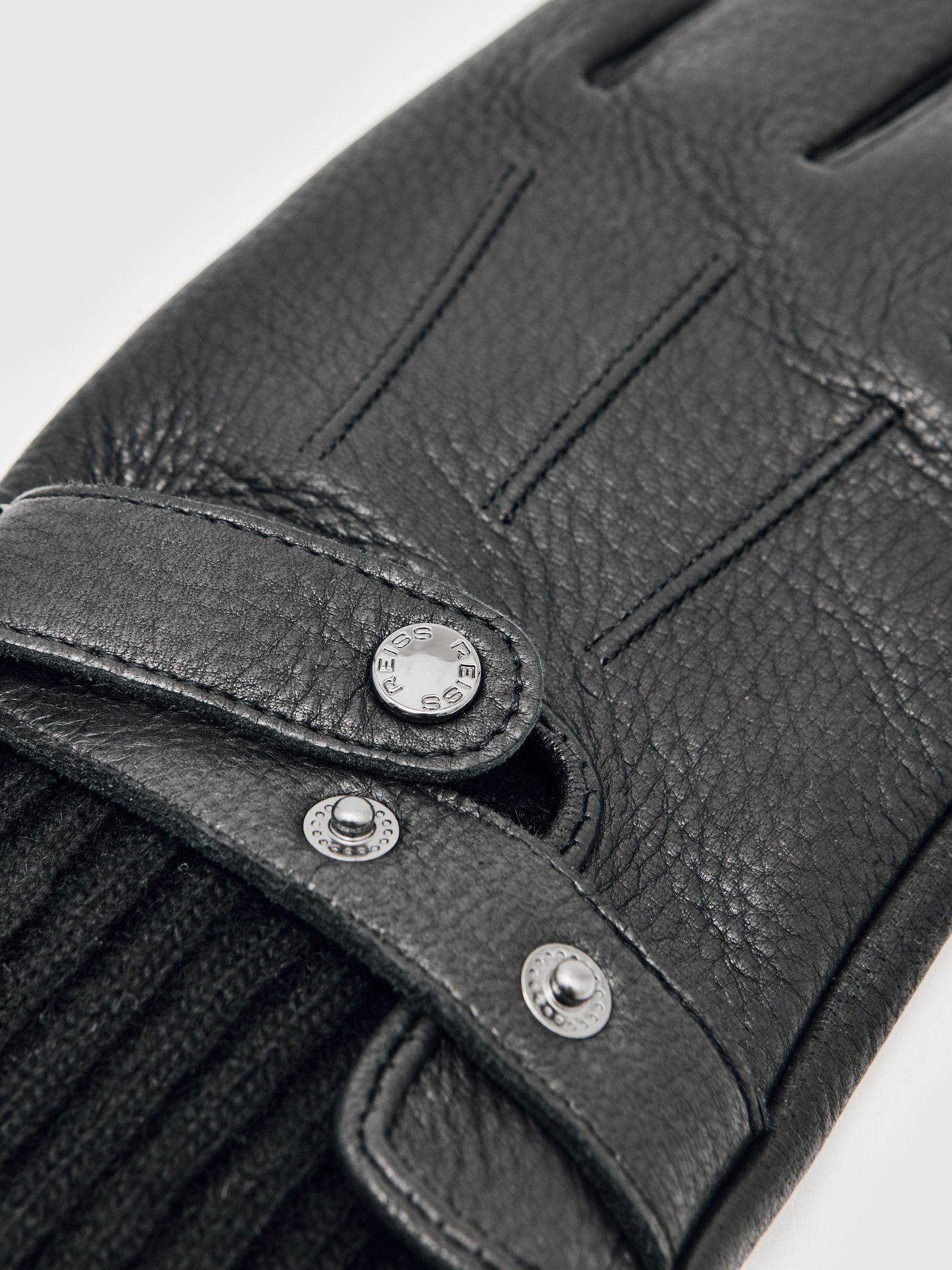 Leather Ribbed-Cuff Gloves in Black - Image 2 of 2