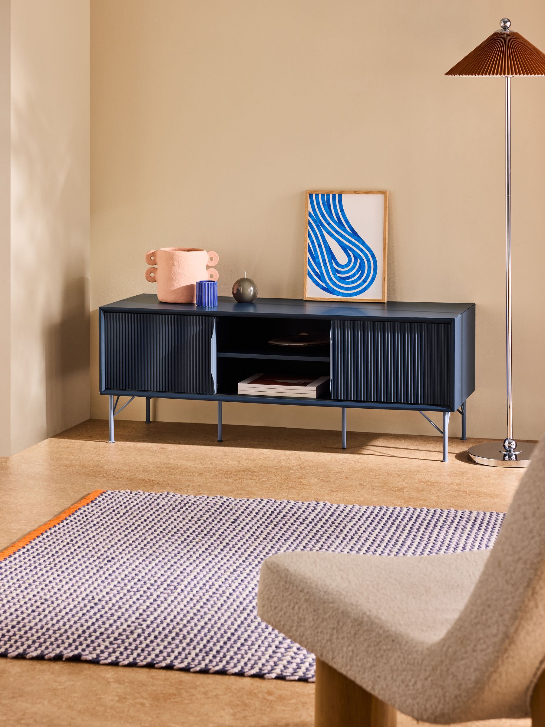 Elian Up to 50 Inch Sliding Door TV Unit in Navy Blue - Image 1 of 5