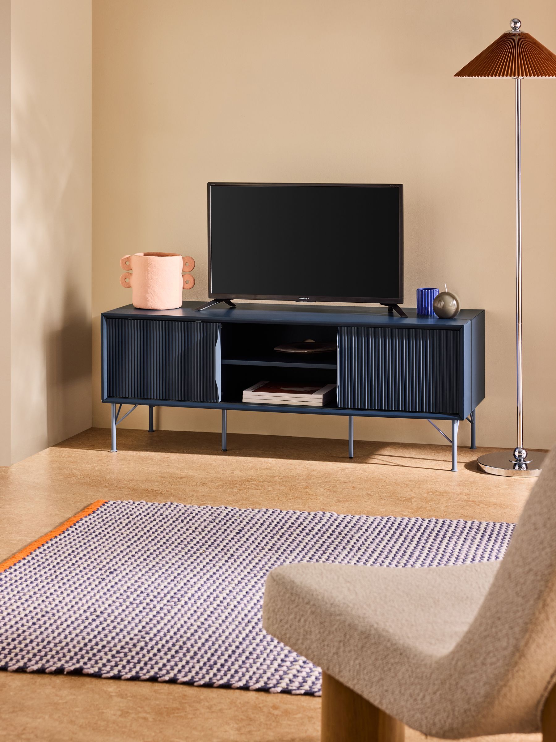 Elian Up to 50 Inch Sliding Door TV Unit in Navy Blue - Image 2 of 5