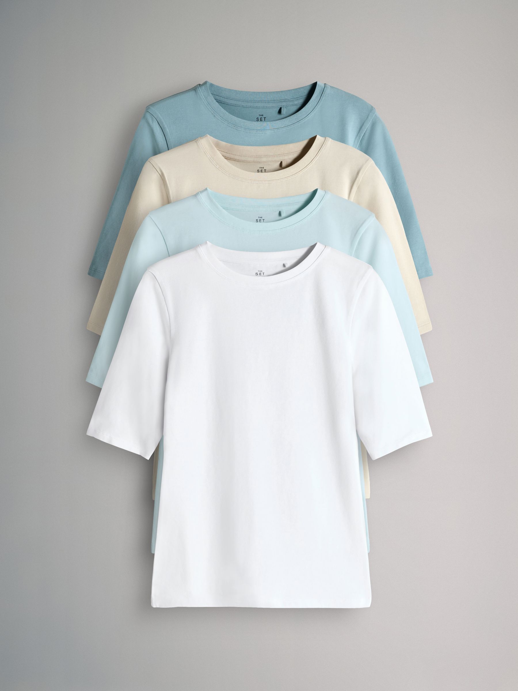 4 Pack Crew Neck Half Sleeve Fitted Tops Blue/Light Blue/Cream/White - Image 1 of 6 4 Pack Crew Neck Half Sleeve Fitted Tops Blue/Light Blue/Cream/White - Image 1 of 6