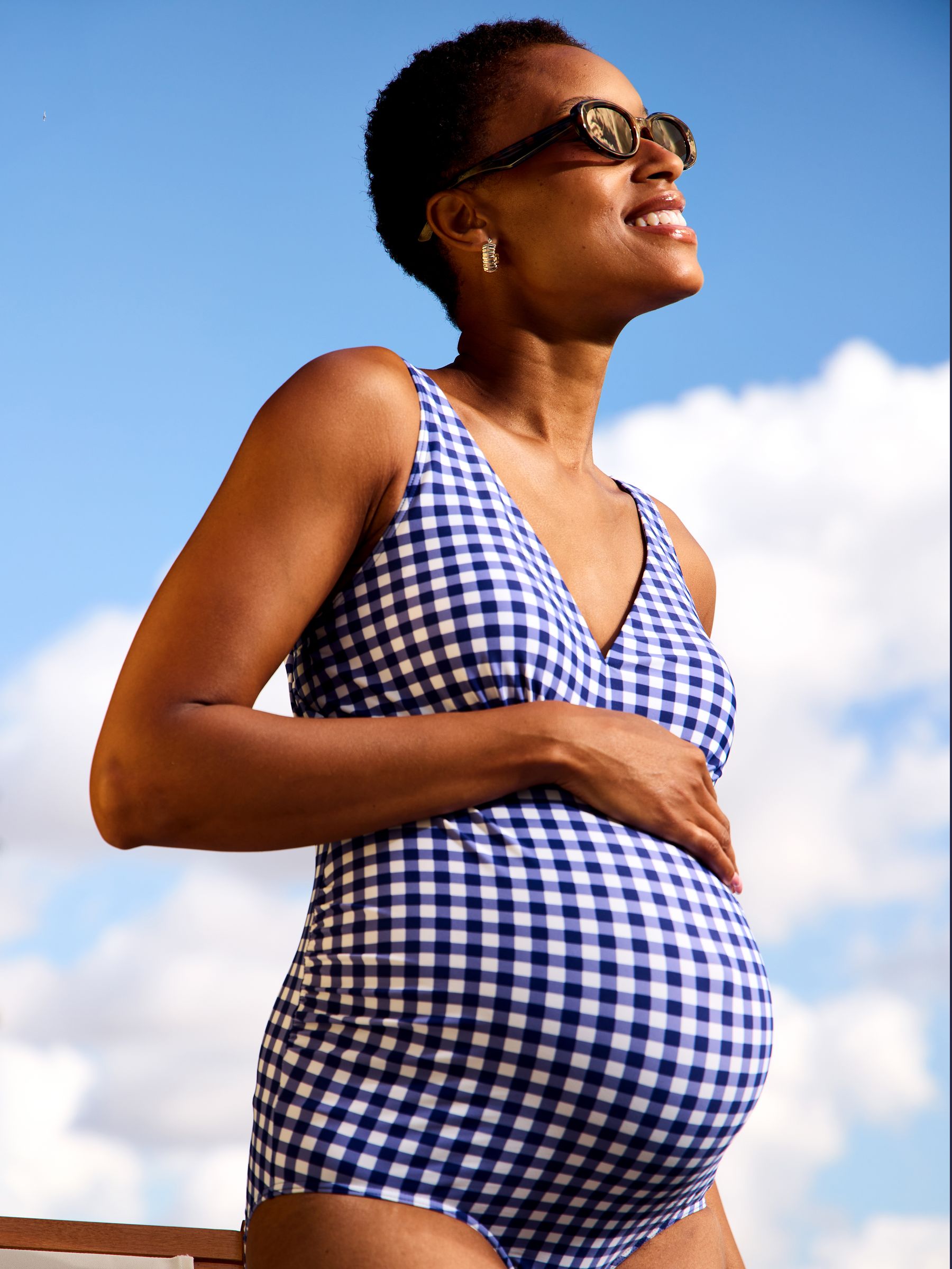 Navy Gingham Sleeveless V Neck Maternity Swimsuit | JoJo Maman