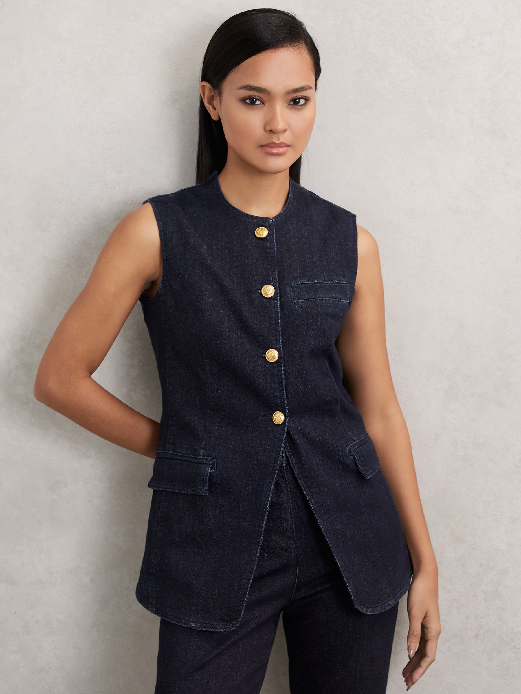 Denim Long-Line Waistcoat in Dark Blue - Image 1 of 6 Denim Long-Line Waistcoat in Dark Blue - Image 1 of 6