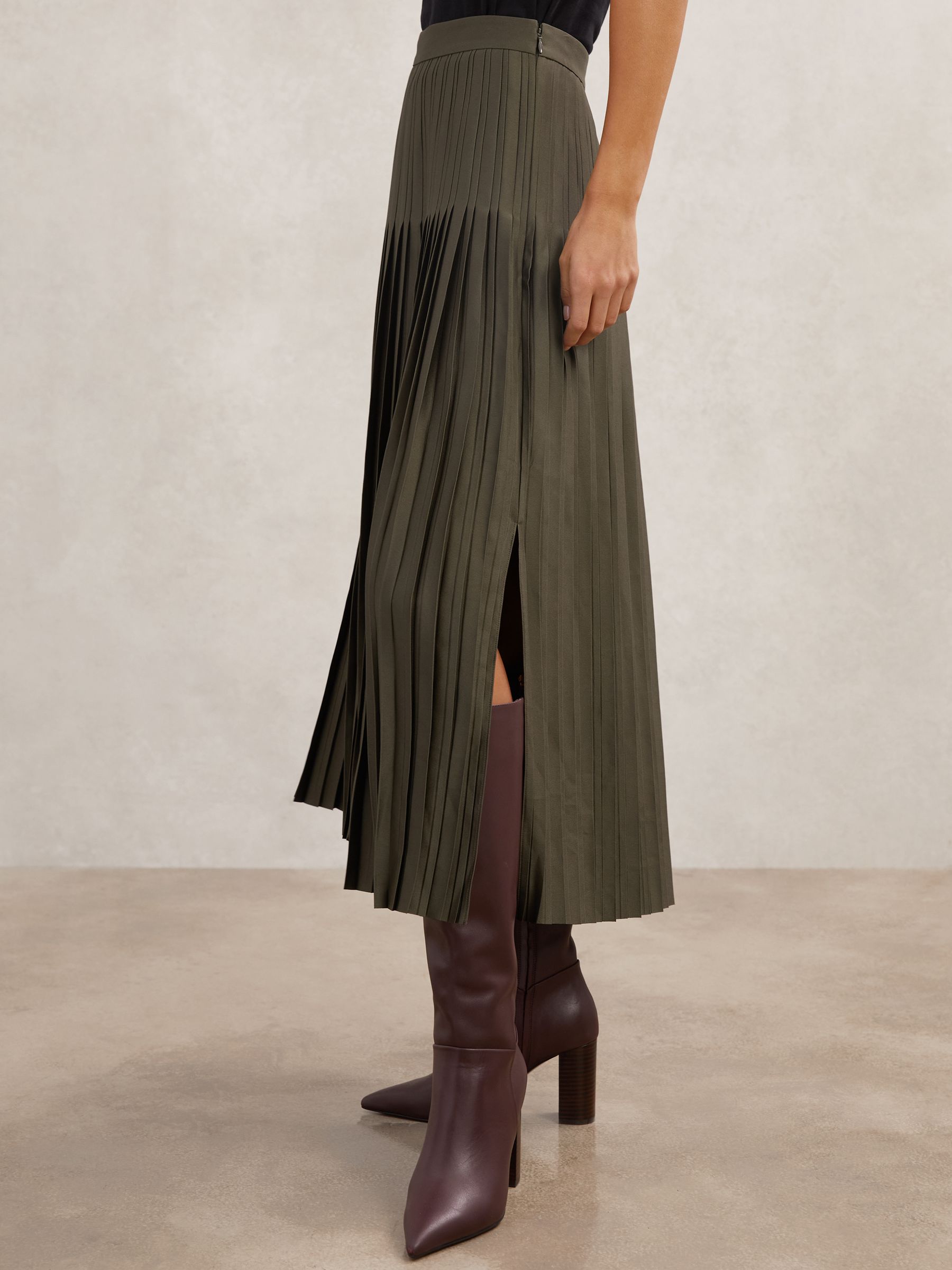 Pleated Midi Skirt in Khaki Green - Image 3 of 5