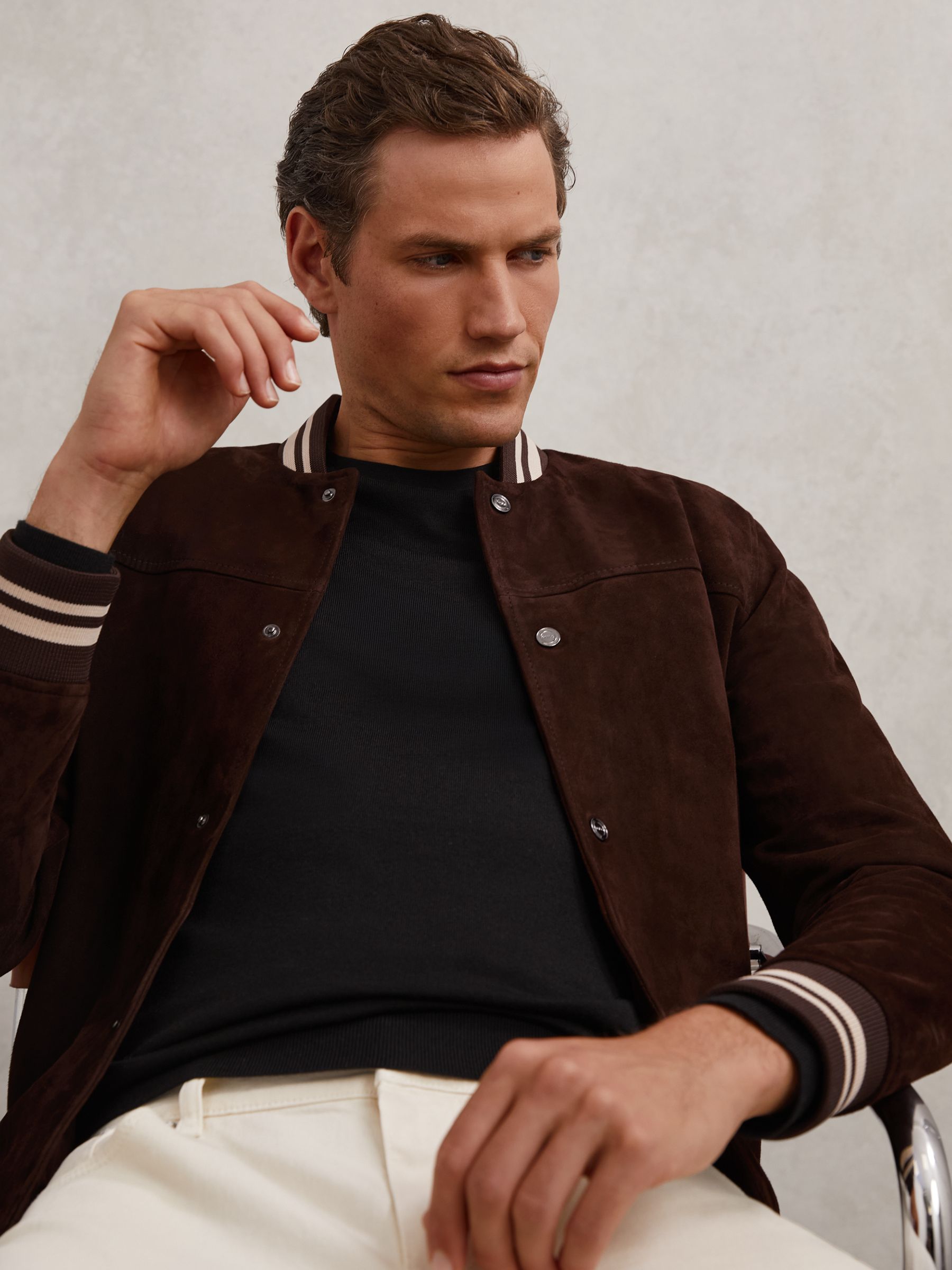Reiss Suede Stripe-Trim Bomber Jacket in Chocolate Brown | REISS