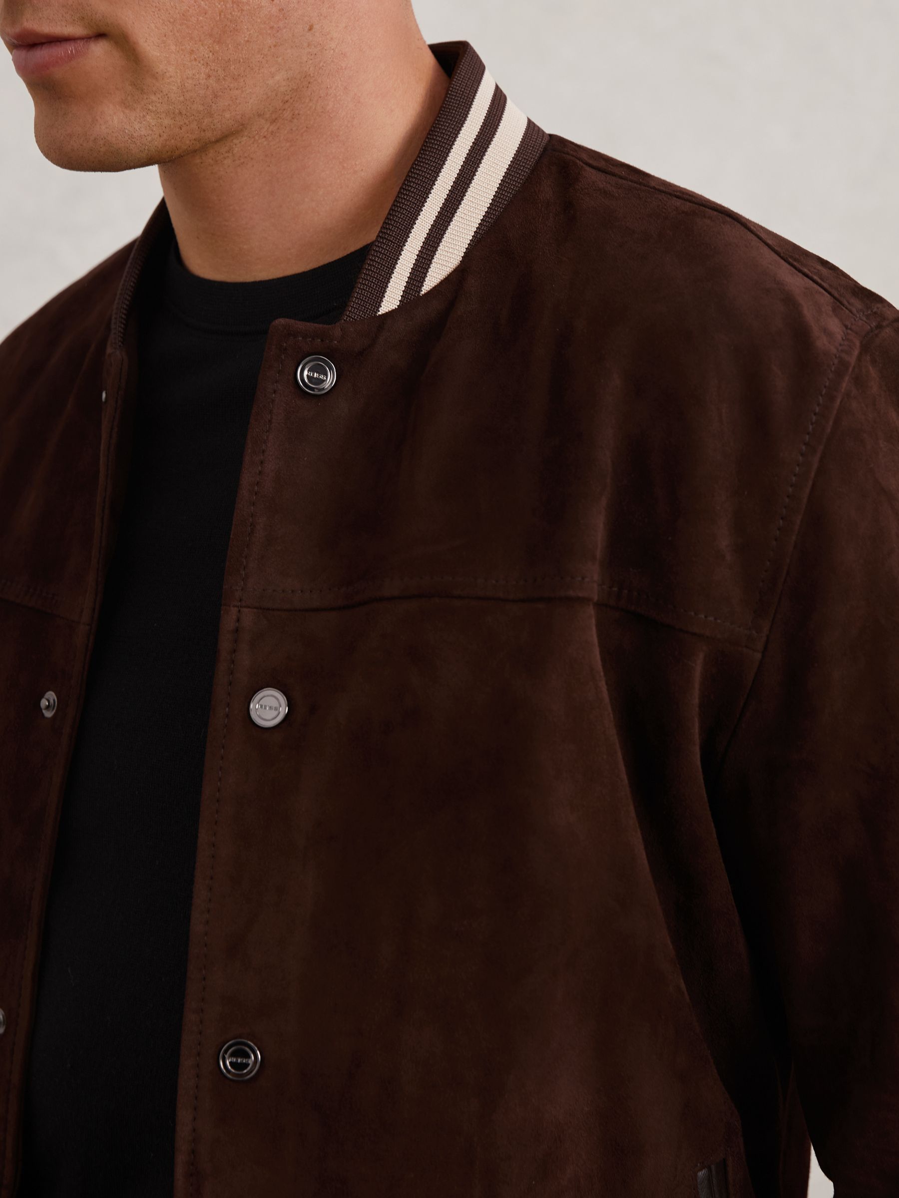 Reiss Suede Stripe-Trim Bomber Jacket in Chocolate Brown | REISS