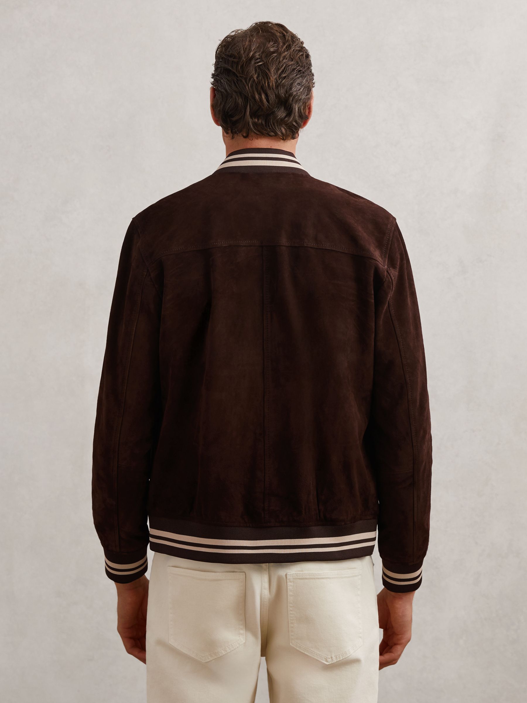 Suede Stripe-Trim Bomber Jacket in Chocolate Brown - image 5