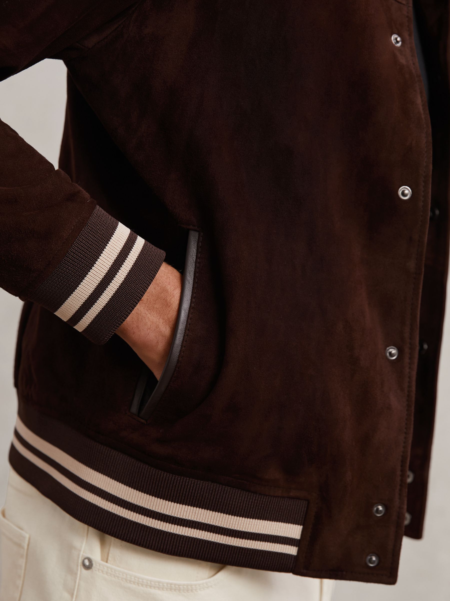 Suede Stripe-Trim Bomber Jacket in Chocolate Brown - image 4