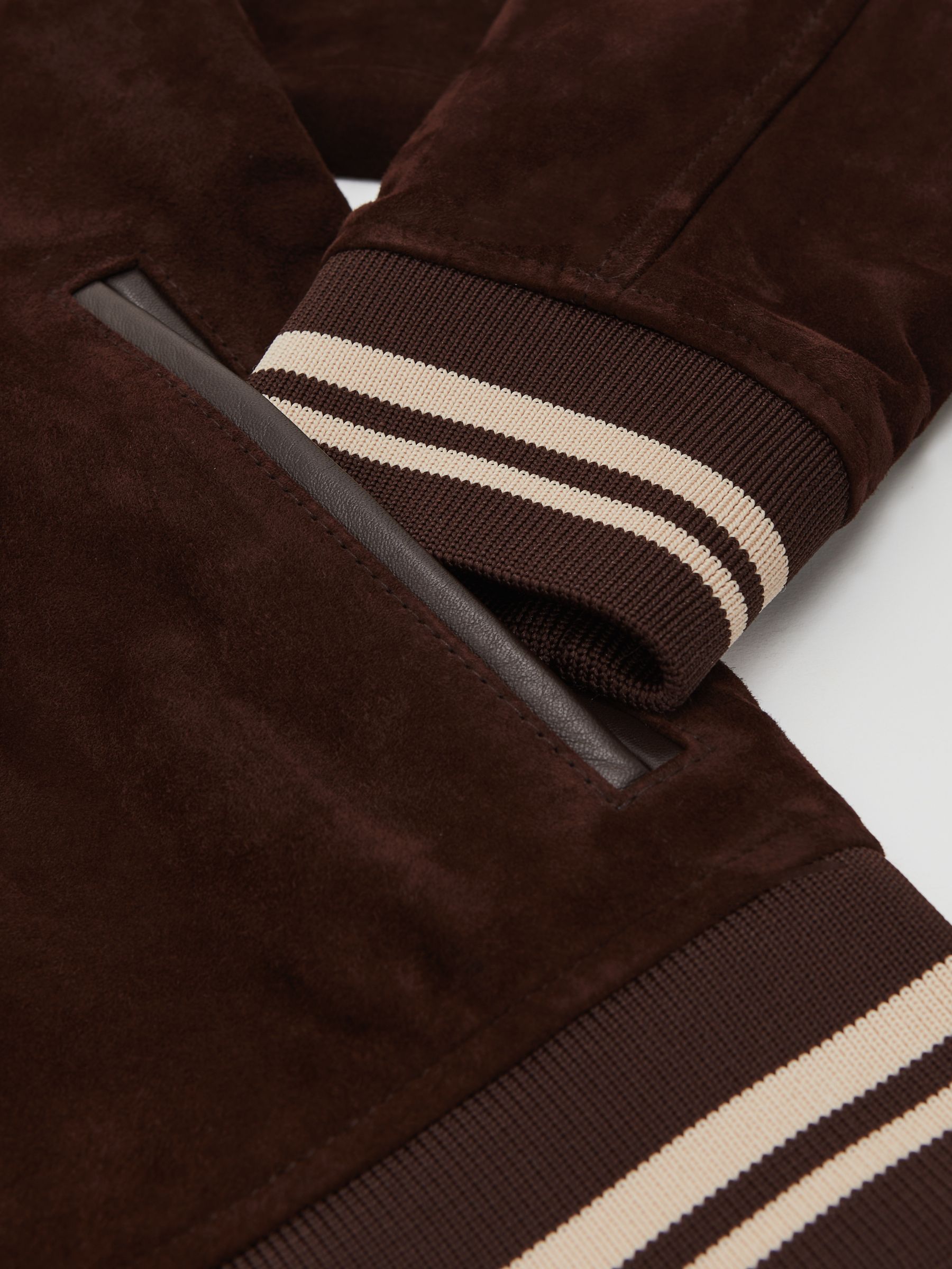 Suede Stripe-Trim Bomber Jacket in Chocolate Brown - image 2