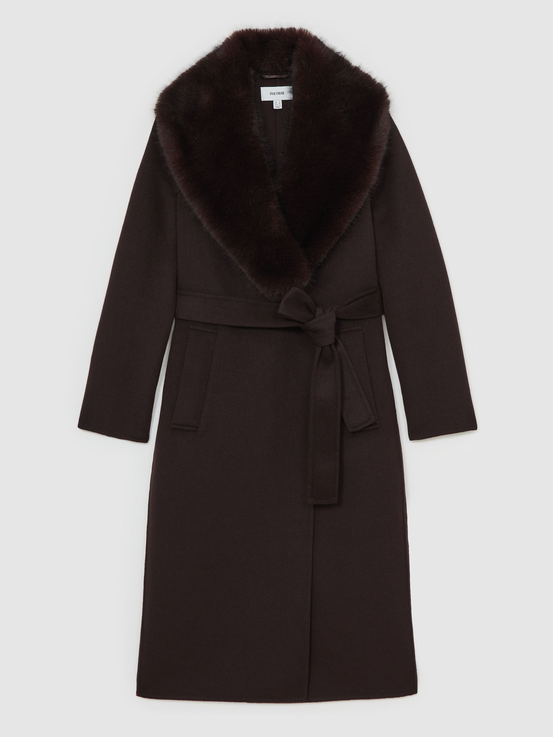 Reiss Faux-Fur Collar Blindseam Coat Wool-Blend in Chocolate Brown