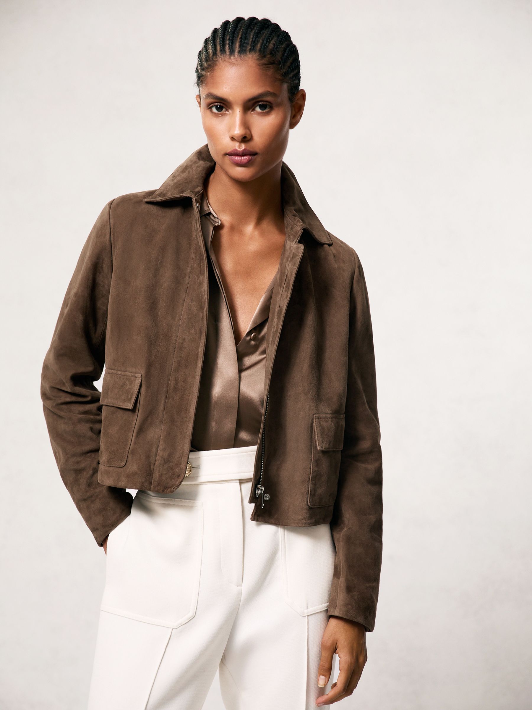 Suede Cropped Jacket in Taupe Neutral - Image 1 of 6
