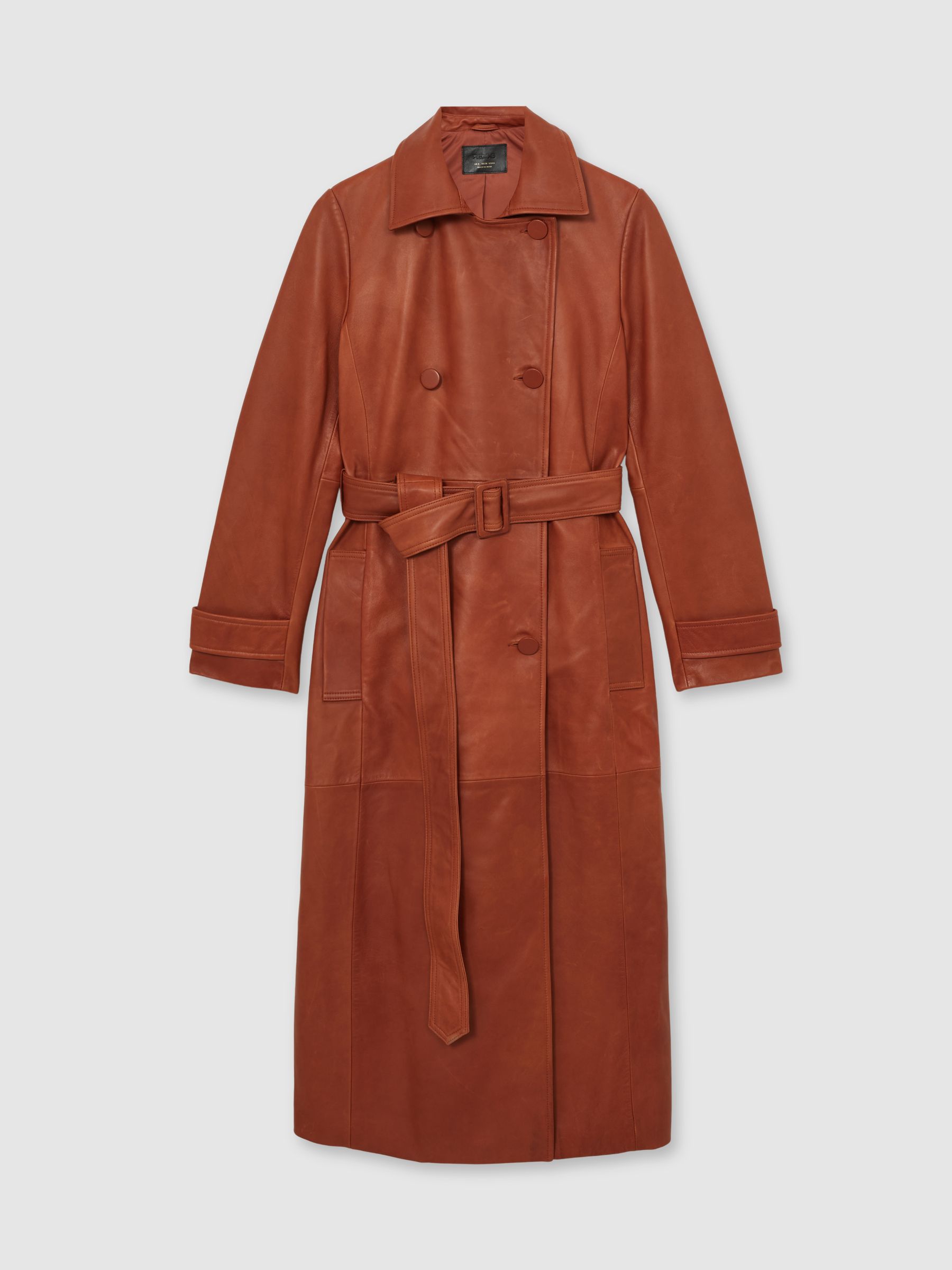 Leather Double-Breasted Trench Coat in Tan - Image 2 of 8