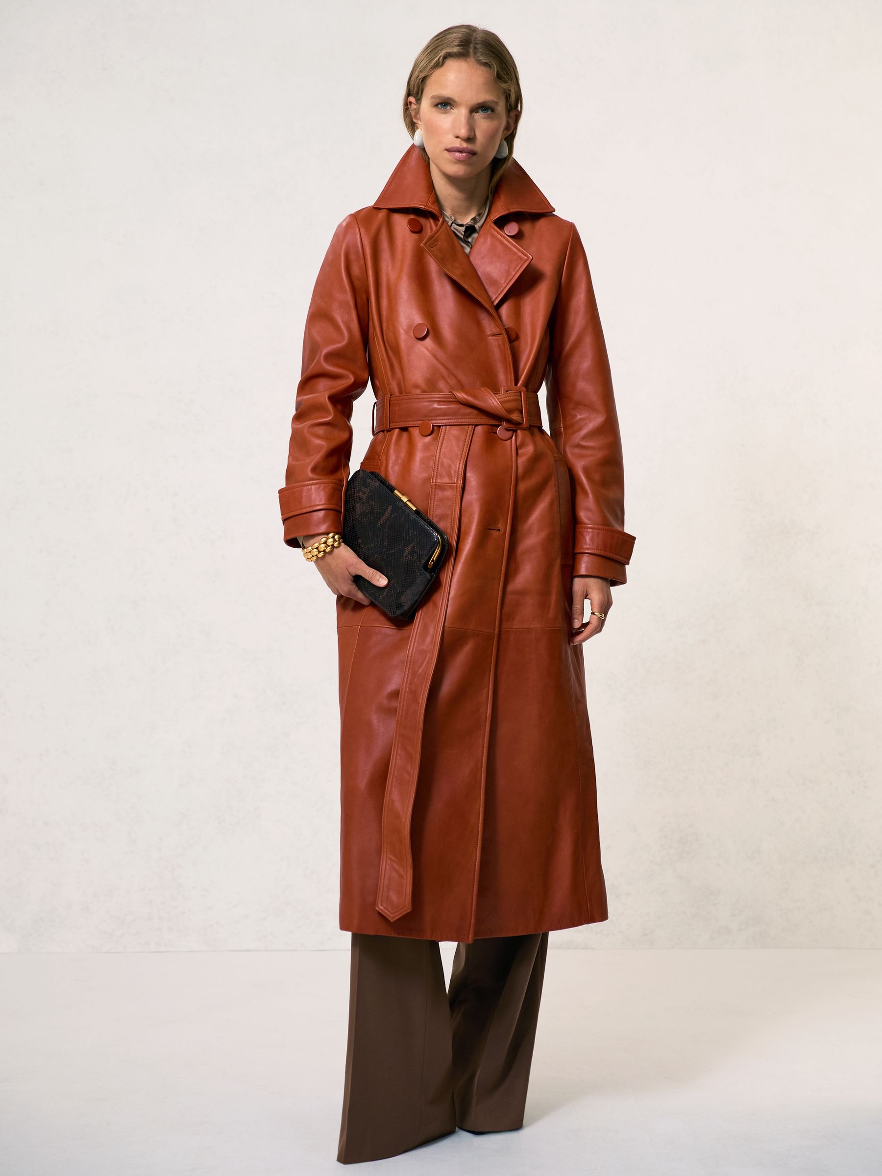 Leather Double-Breasted Trench Coat in Tan - Image 3 of 8