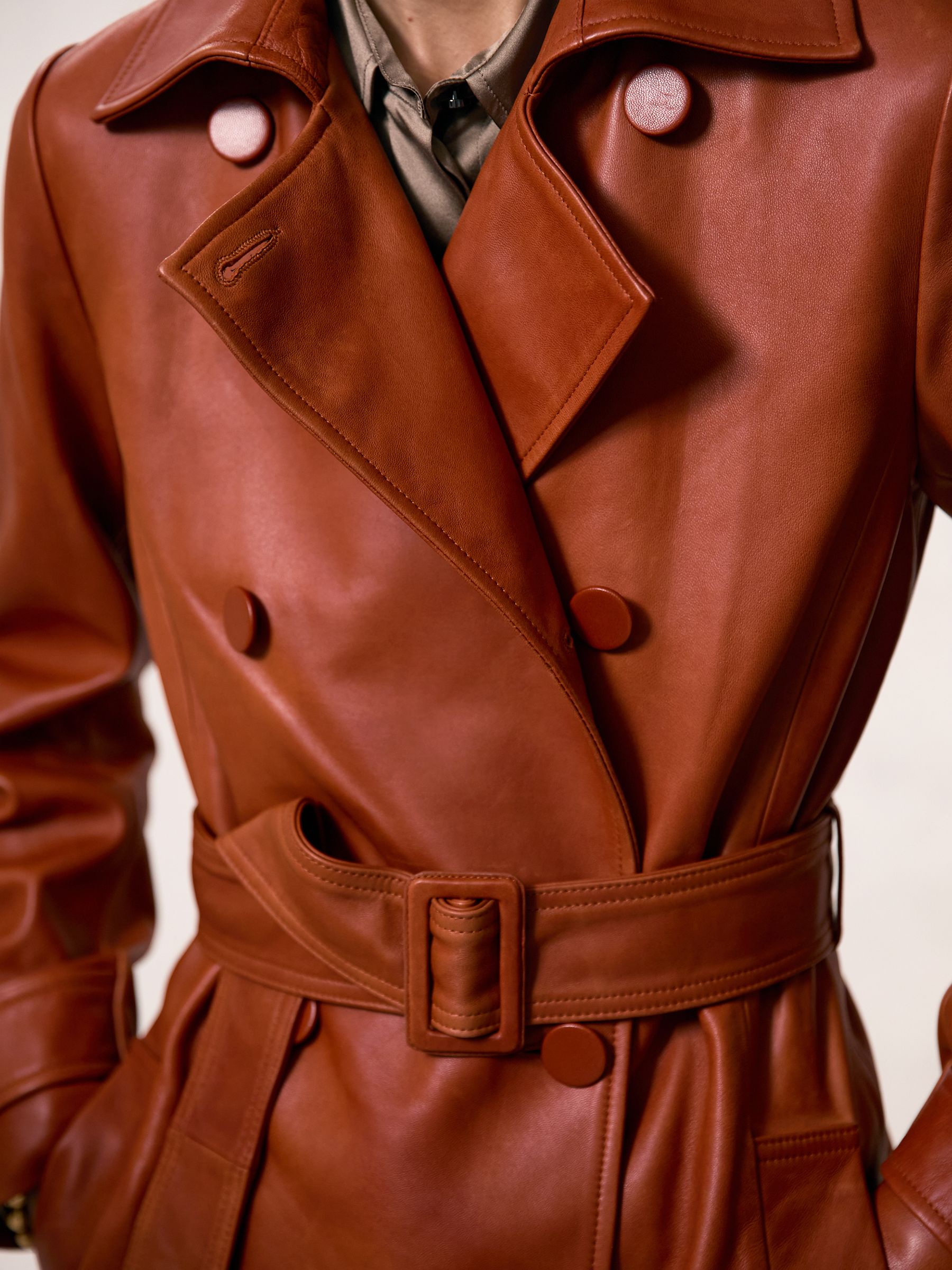 Leather Double-Breasted Trench Coat in Tan - Image 4 of 8