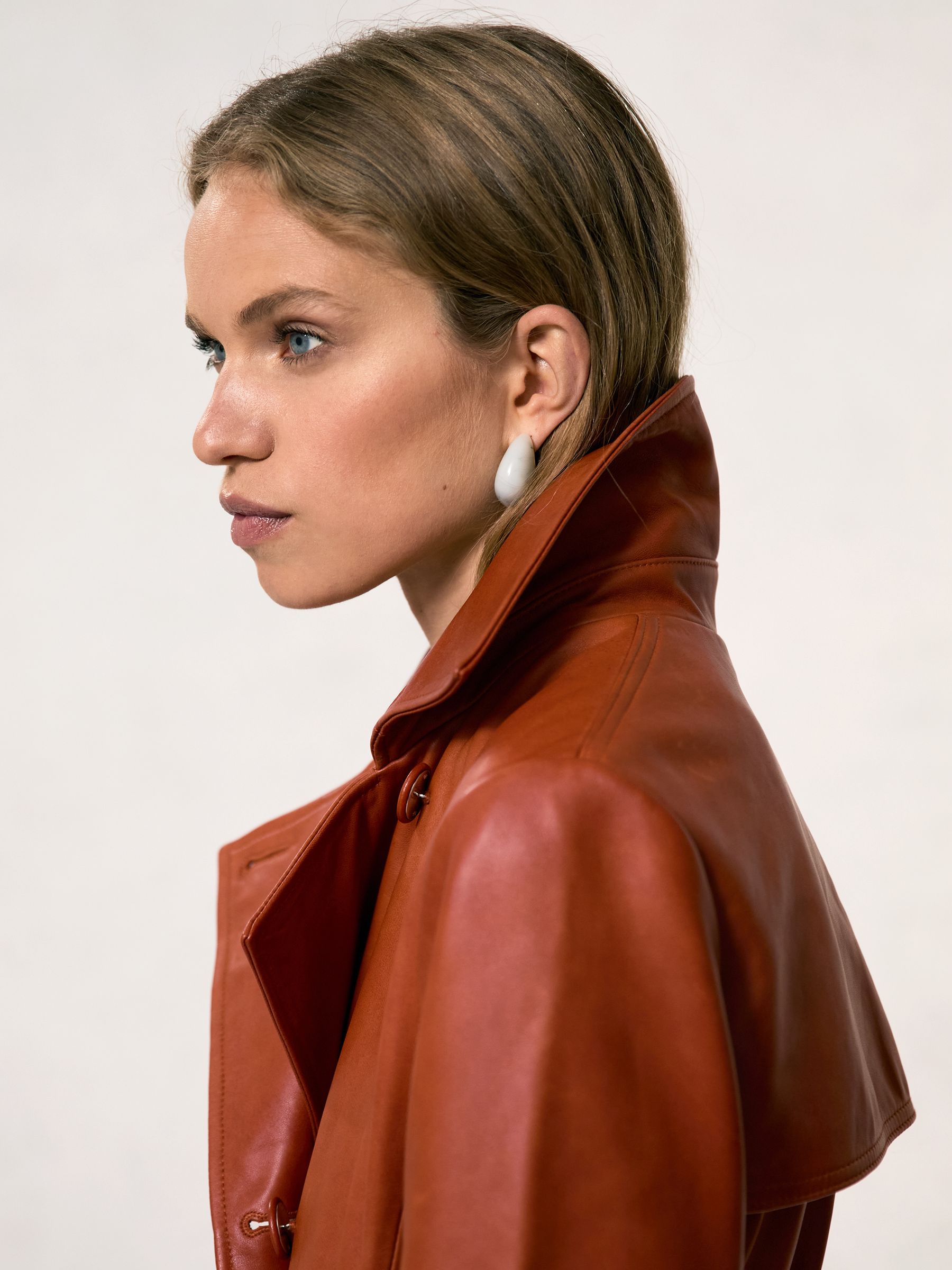 Leather Double-Breasted Trench Coat in Tan - Image 6 of 8
