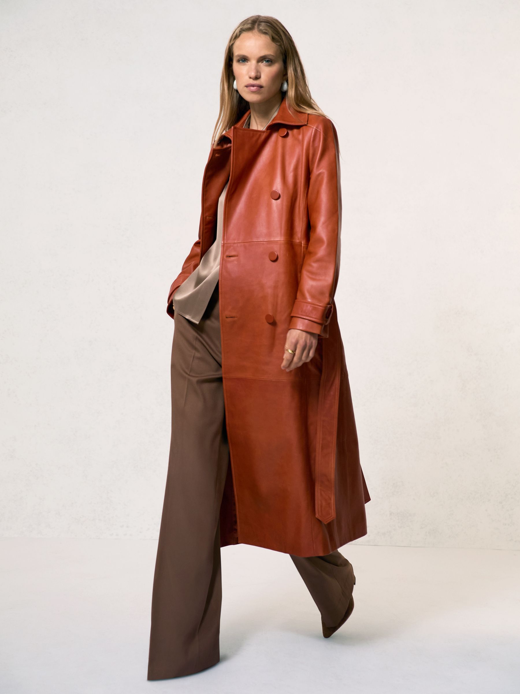 Leather Double-Breasted Trench Coat in Tan - Image 7 of 8
