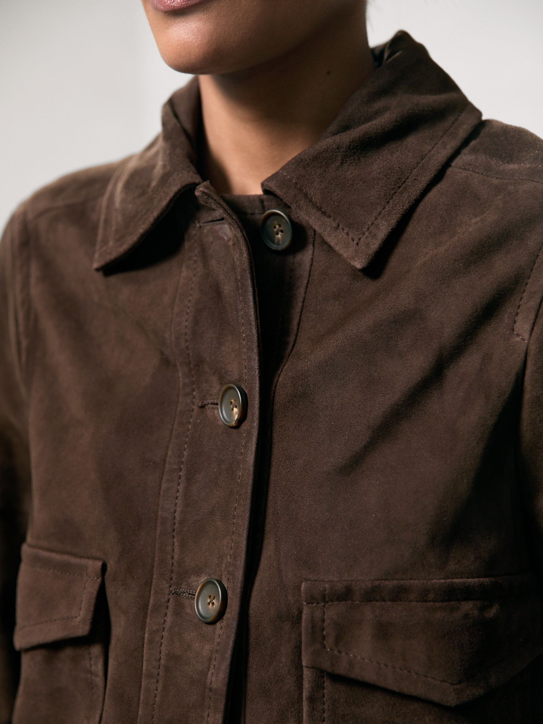 Petite Suede Trucker Jacket in Chocolate Brown - Image 3 of 8