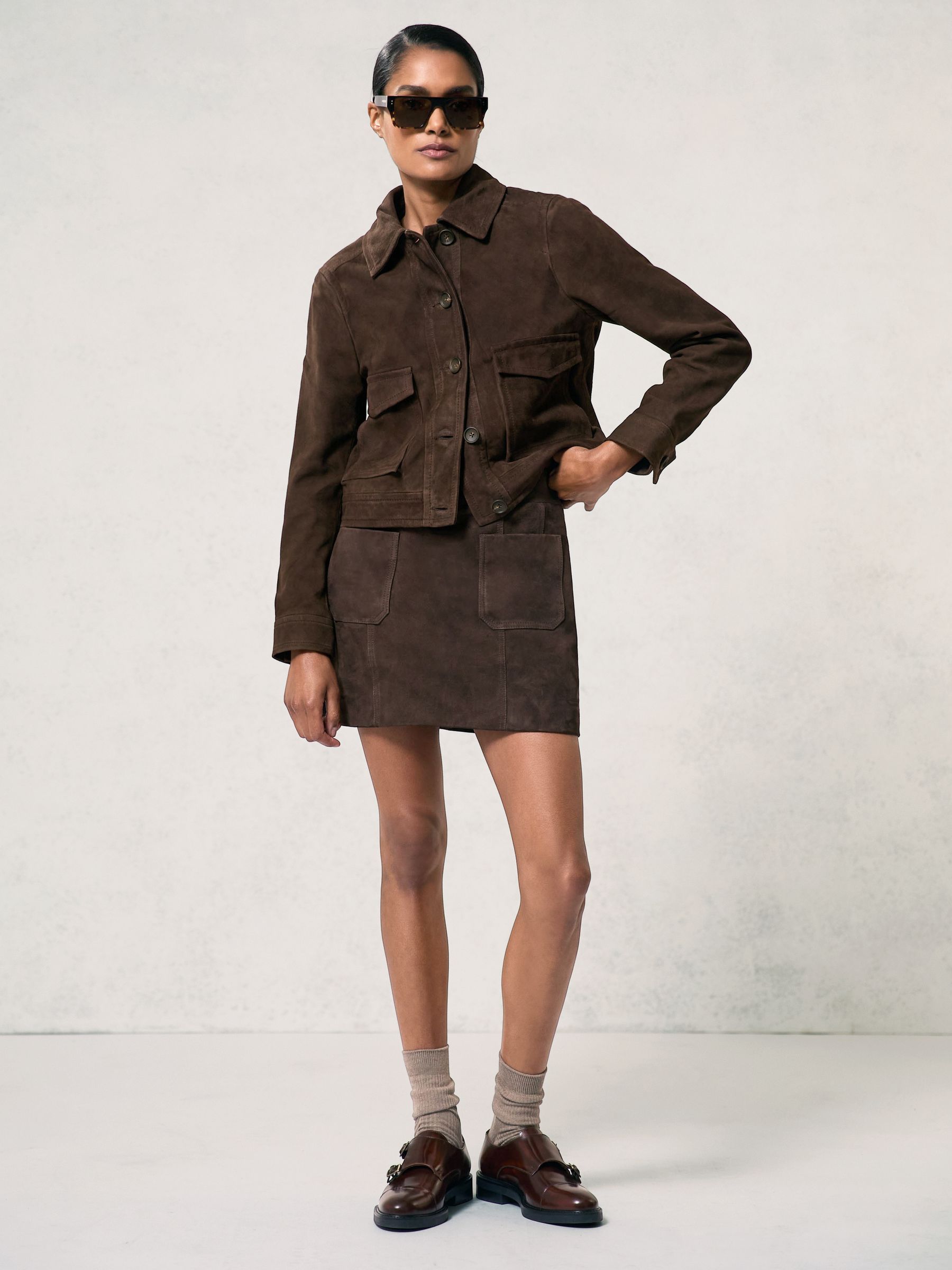 Petite Suede Trucker Jacket in Chocolate Brown - Image 6 of 8