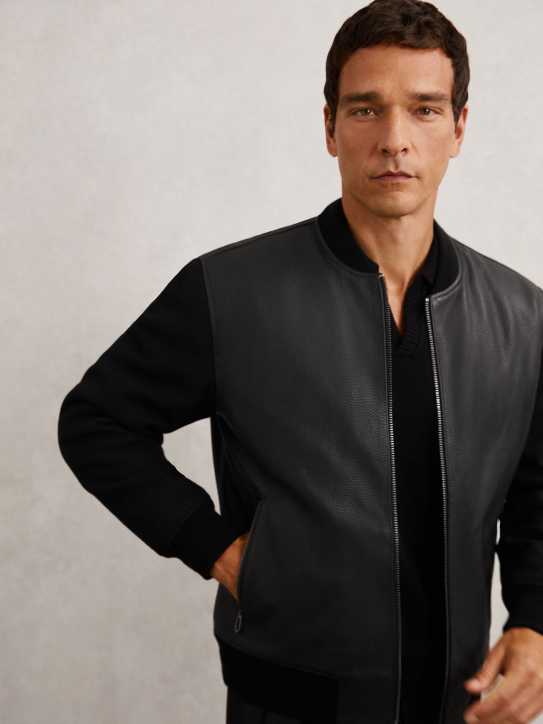 Leather Contrast-Sleeve Bomber Jacket in Black - image 5