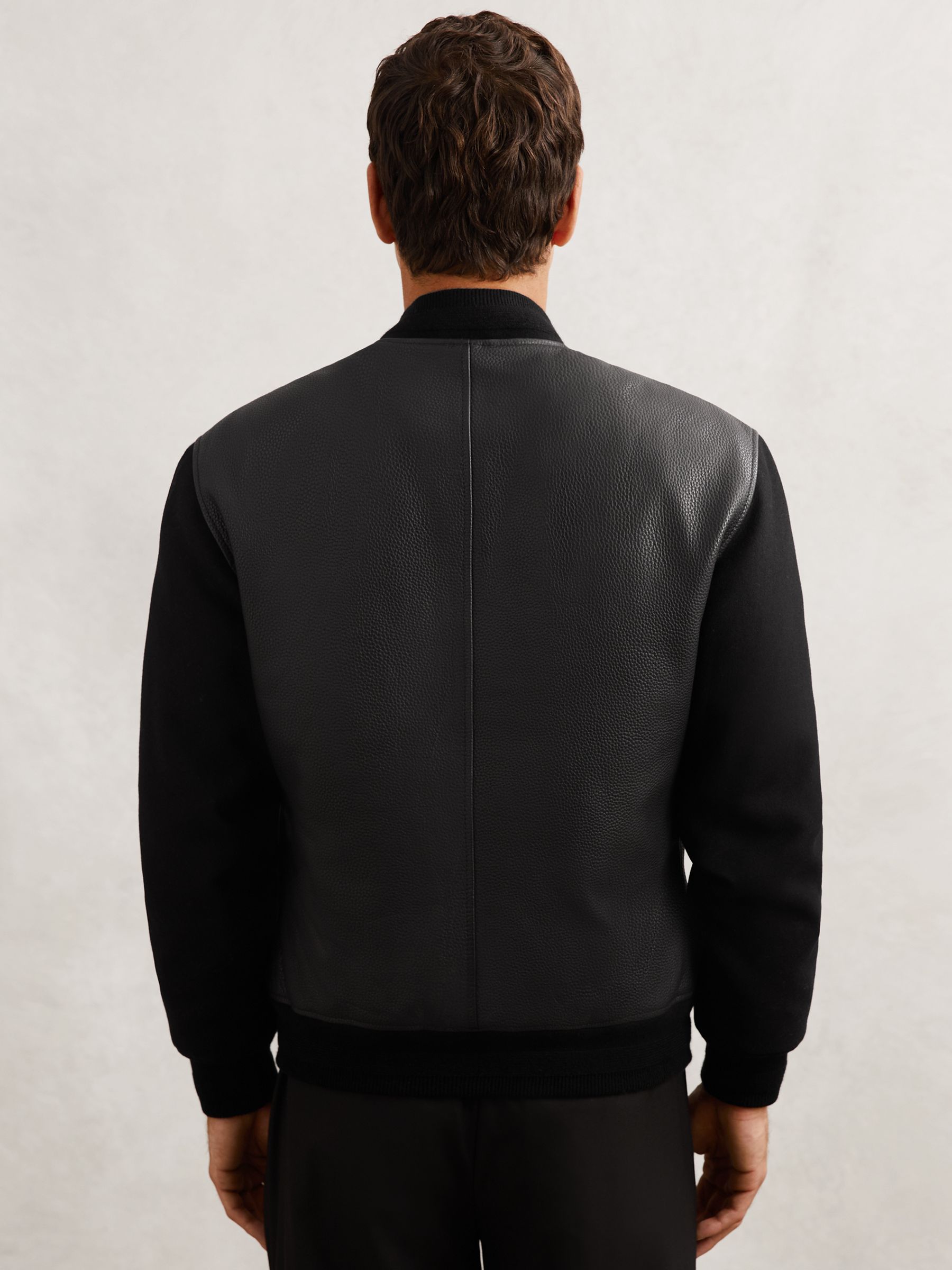 Leather Contrast-Sleeve Bomber Jacket in Black - image 3