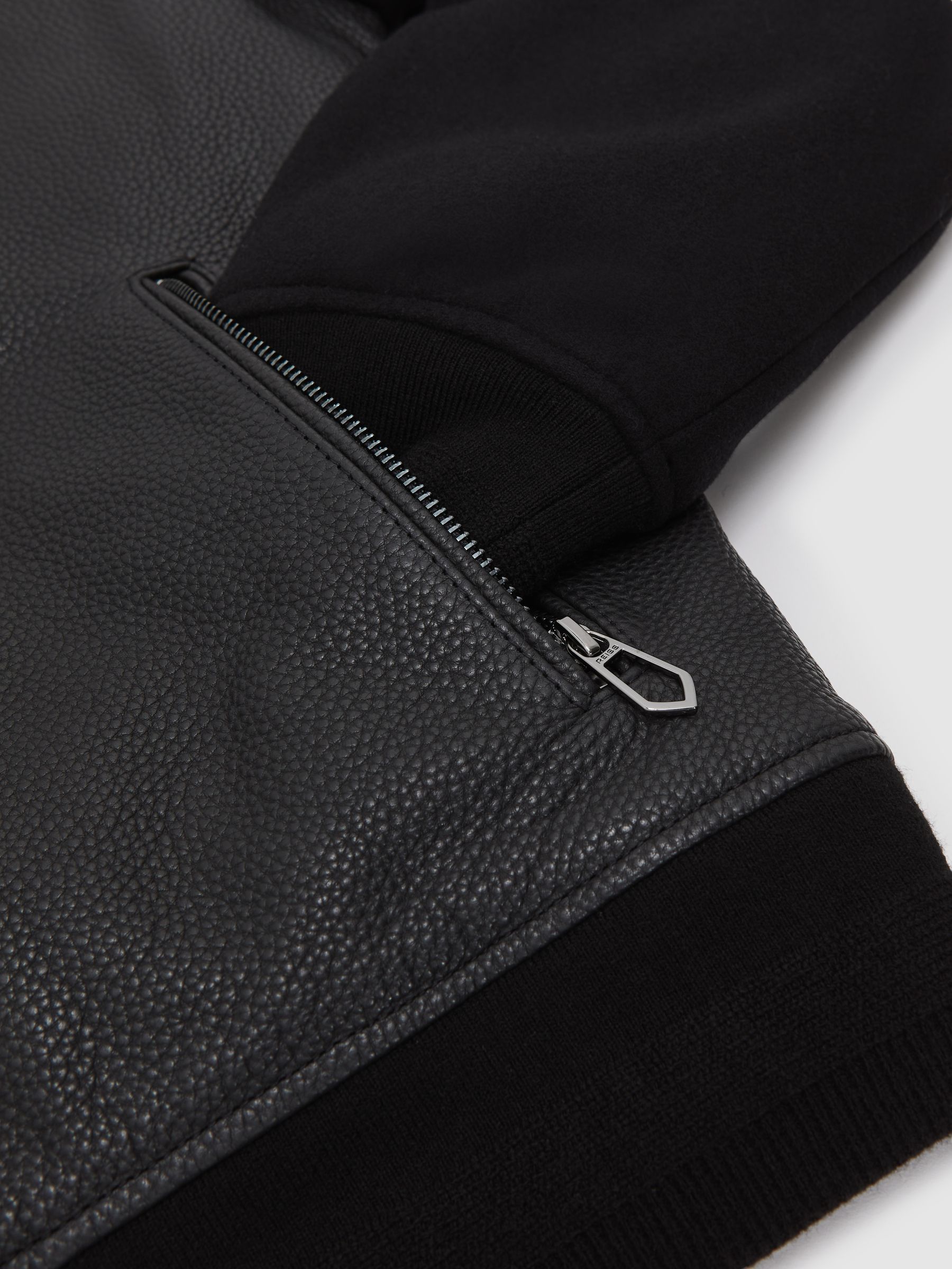 Leather Contrast-Sleeve Bomber Jacket in Black - image 4