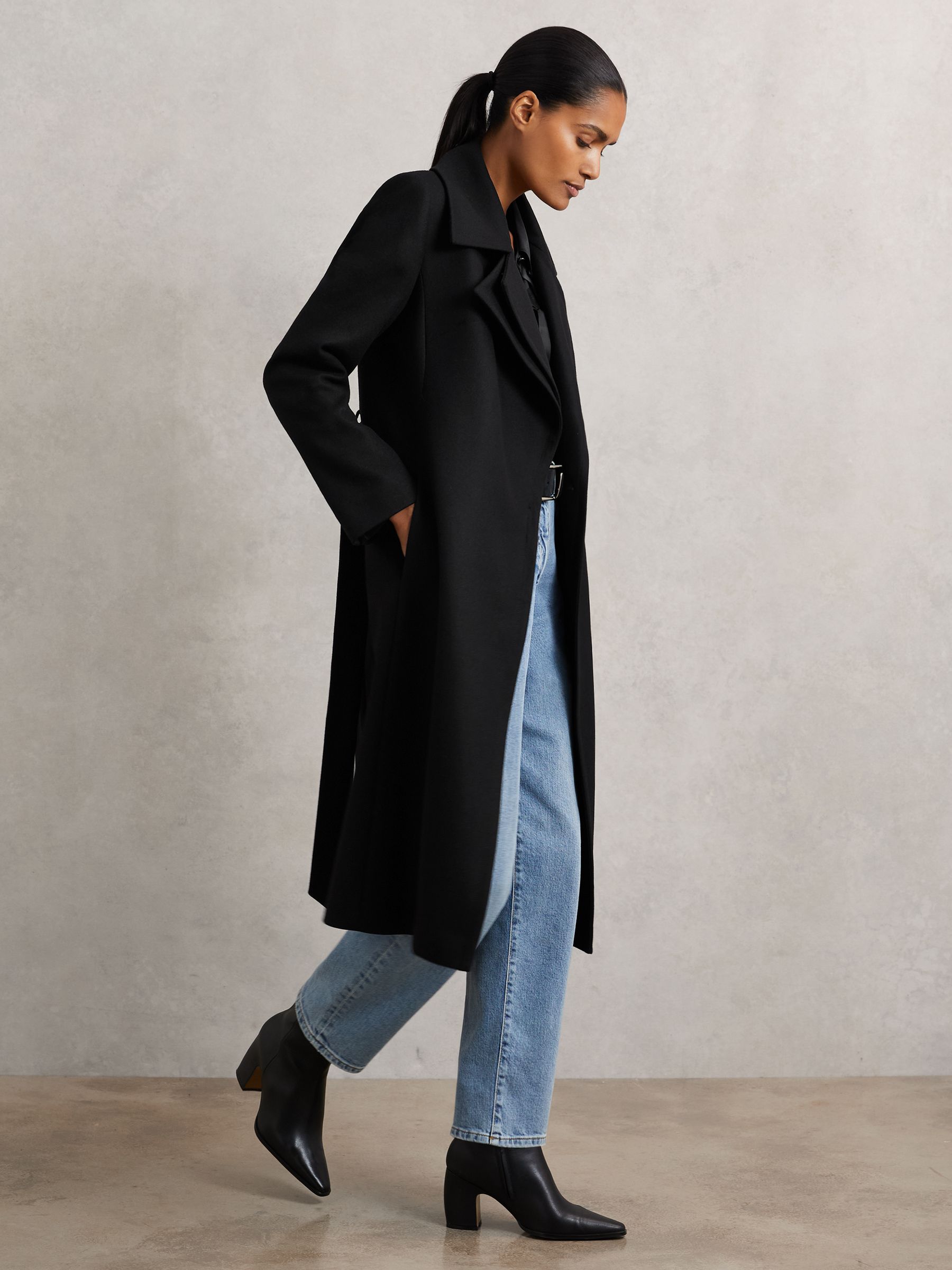 Petite Wool-Blend Double-Lapel Belted Coat With Cashmere in Black - Image 5 of 8