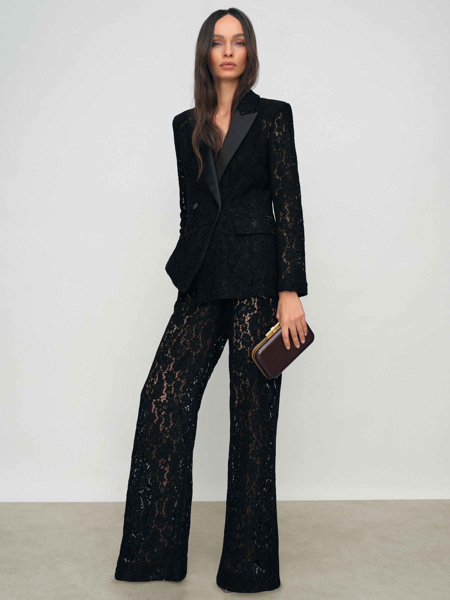 Reiss Petite Lace Wide Leg Trousers in Black | REISS