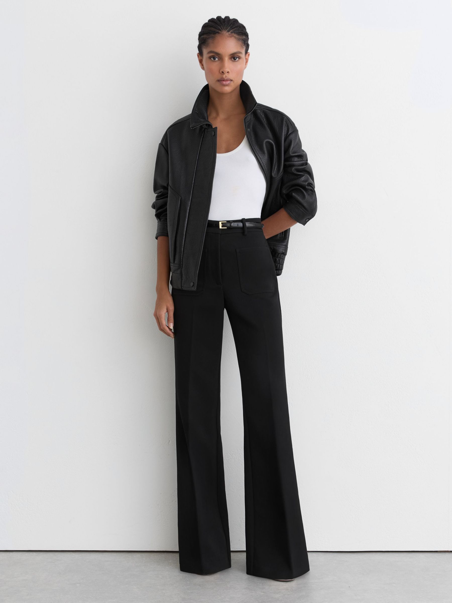 Petite Leather Patch-Pocket Flared Trousers in Black - image 5