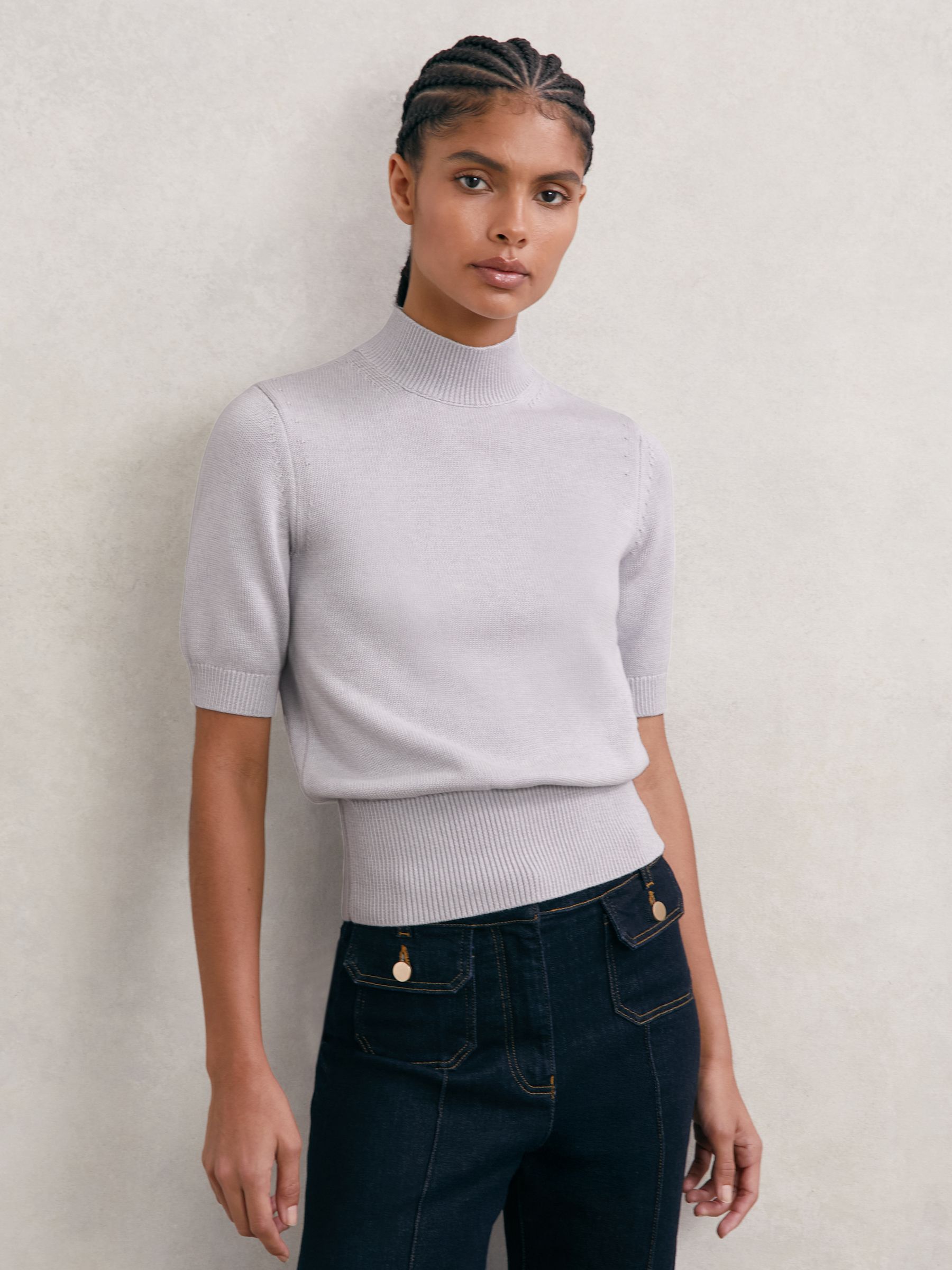Cotton and Wool Funnel-Neck Knit Top in Grey - Image 3 de 6