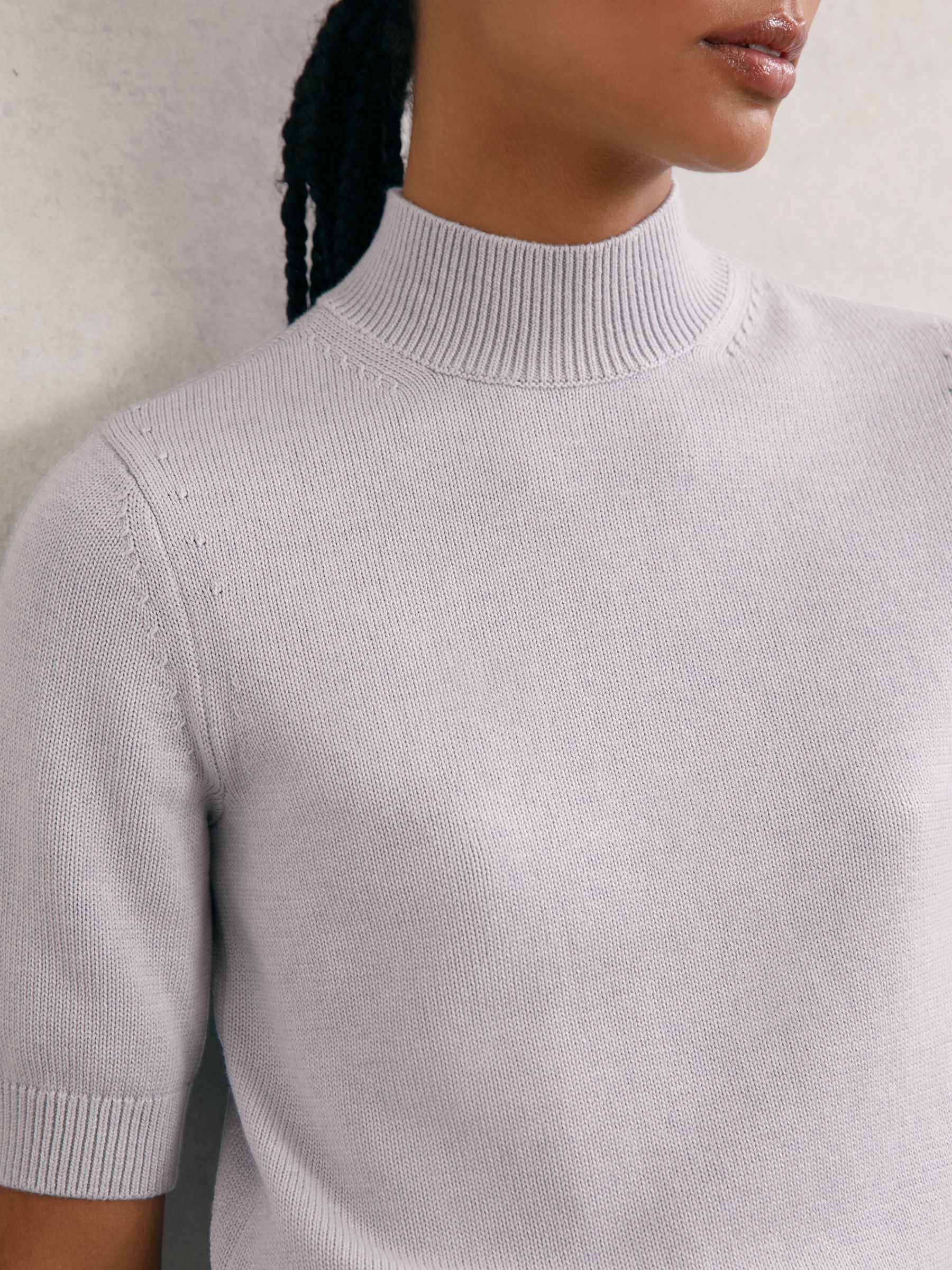 Cotton and Wool Funnel-Neck Knit Top in Grey - Image 4 de 6