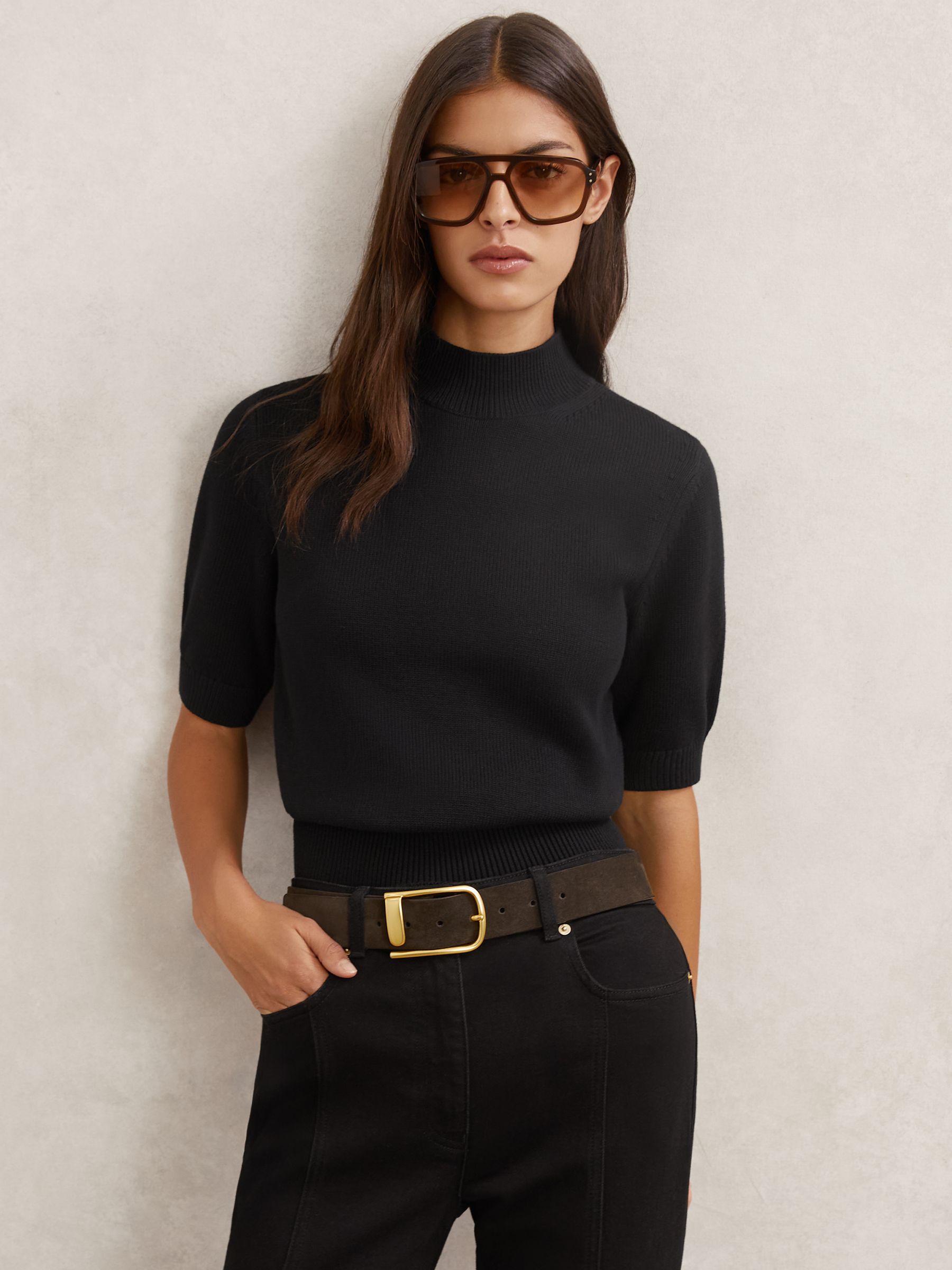 Cotton and Wool Funnel-Neck Knit Top in Black - image 5