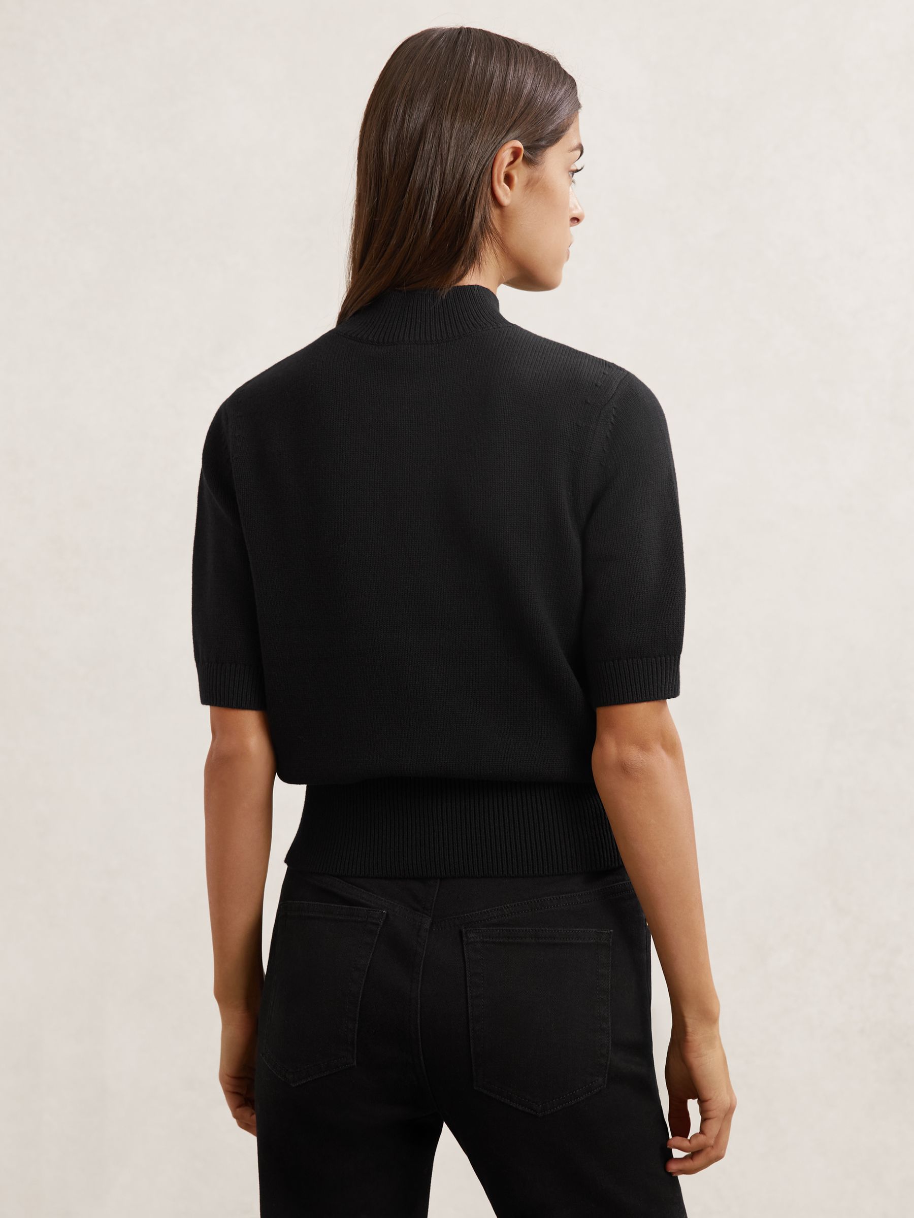 Cotton and Wool Funnel-Neck Knit Top in Black - image 4