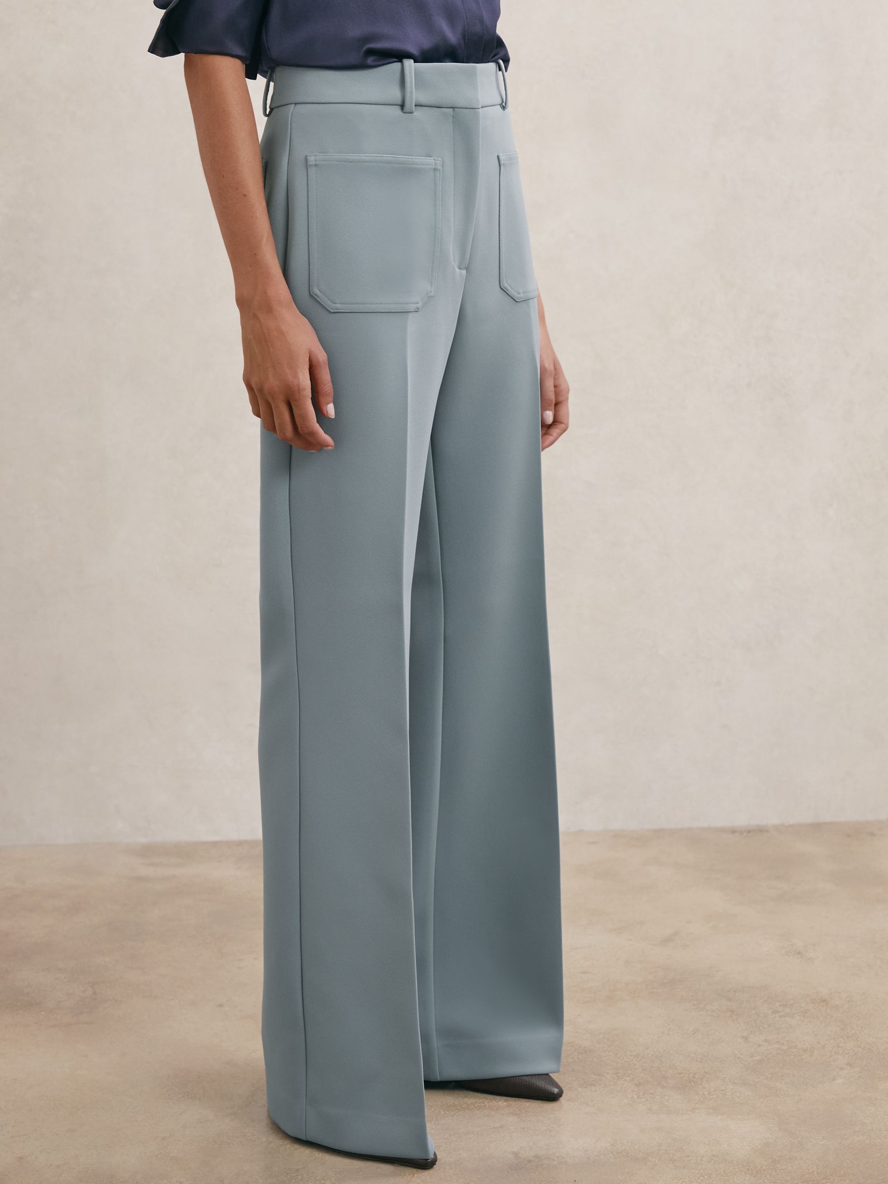Petite Twill Patch-Pocket Flared Trousers in Blue - image 5