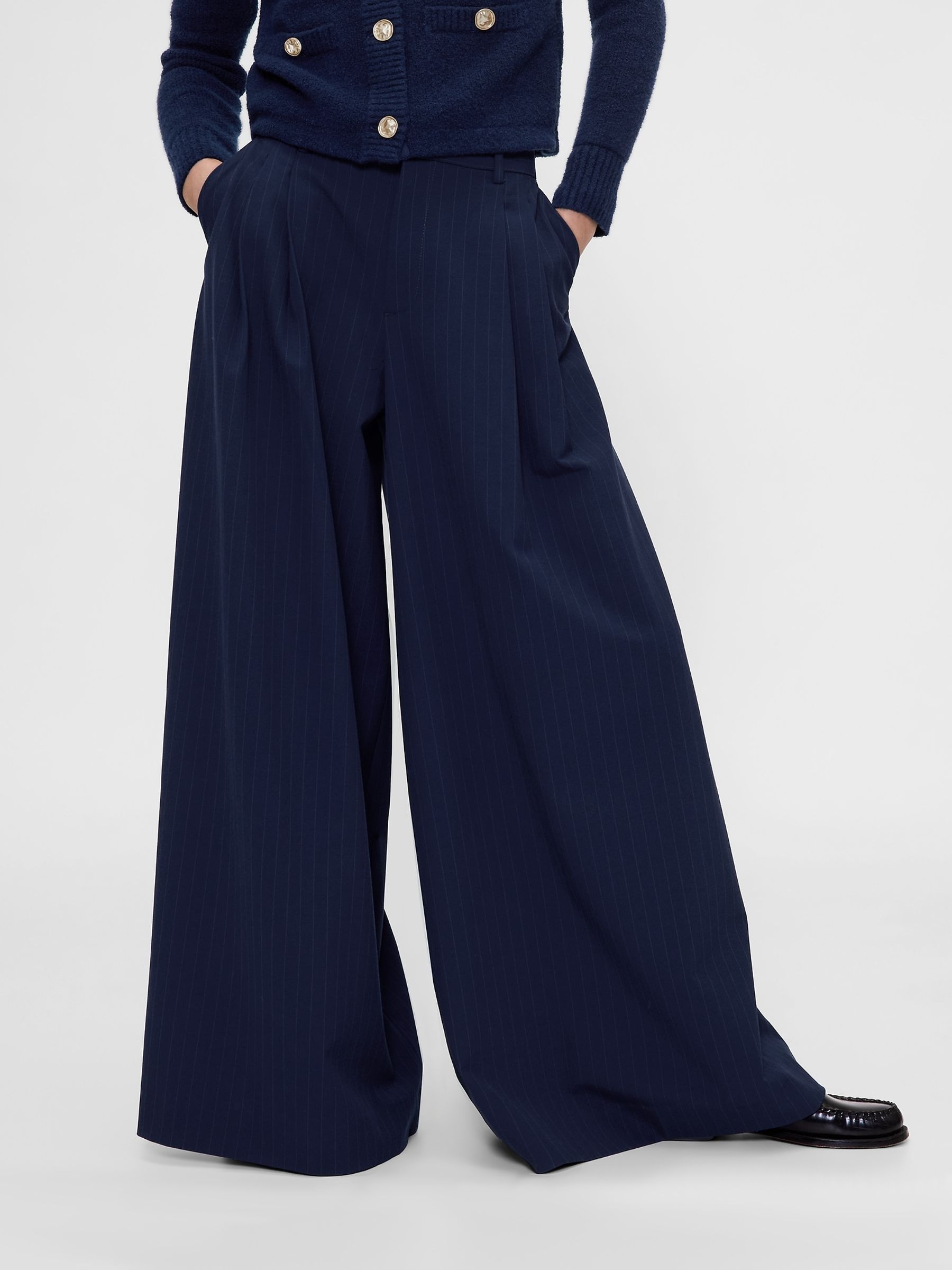 Navy Blue Pinstripe Mid Rise Pleated Baggy Trousers - Image 1 of 5