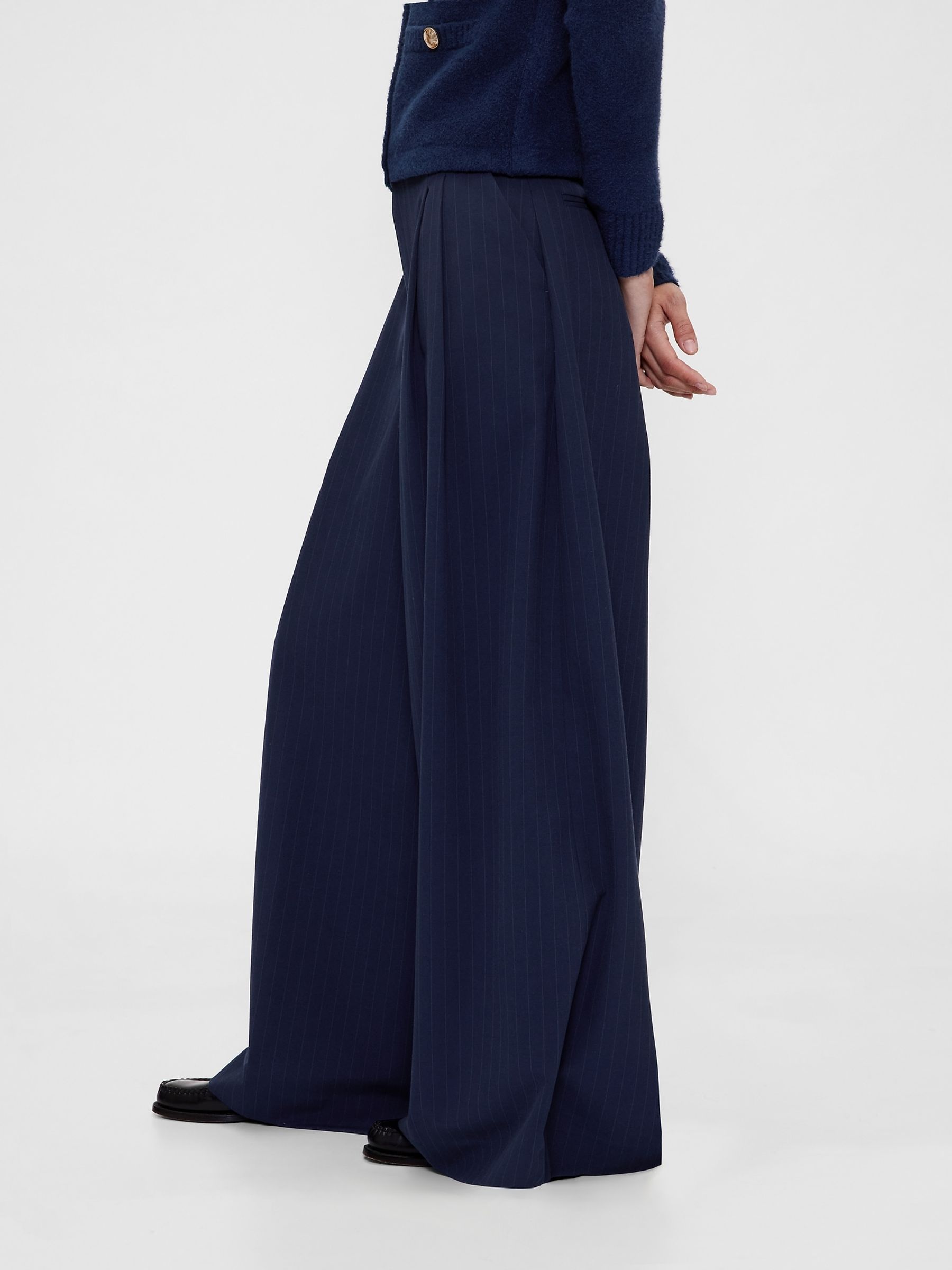 Navy Blue Pinstripe Mid Rise Pleated Baggy Trousers - Image 3 of 5