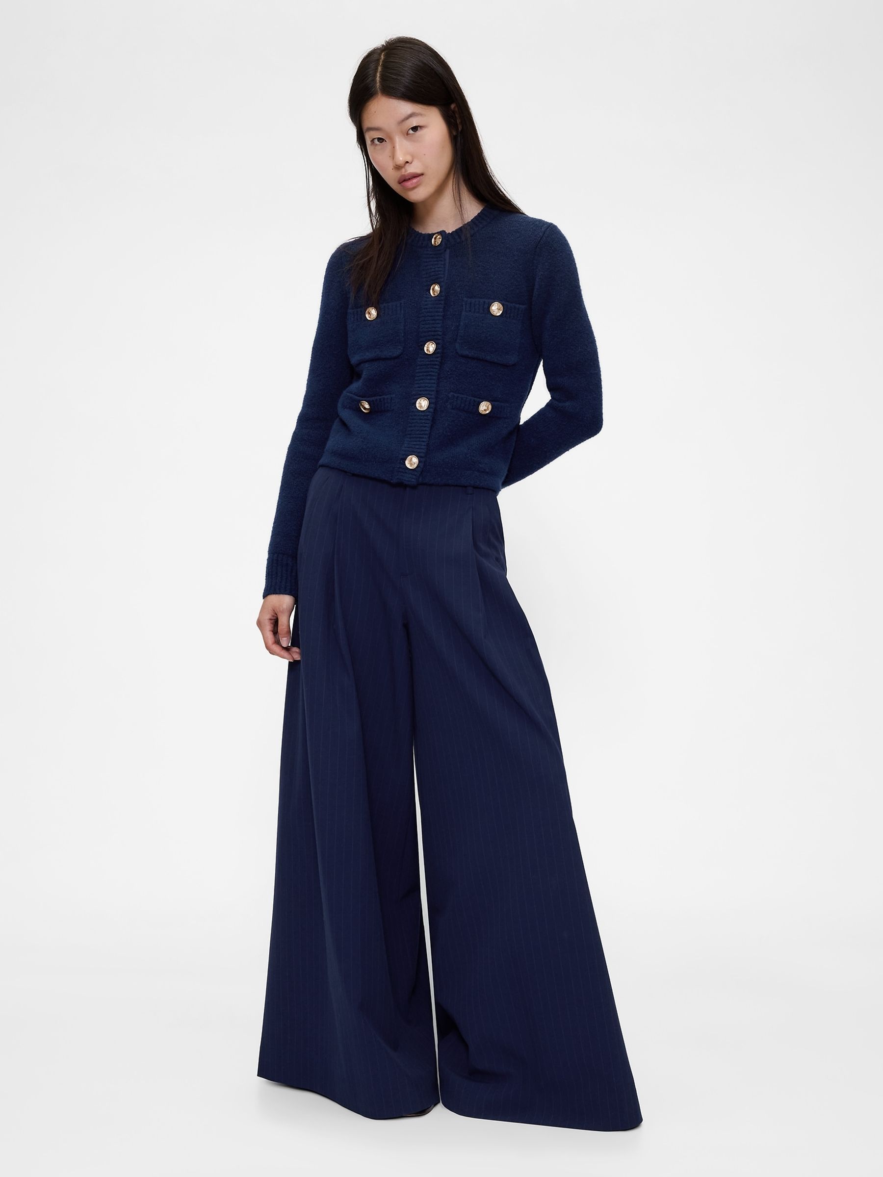Navy Blue Pinstripe Mid Rise Pleated Baggy Trousers - Image 4 of 5