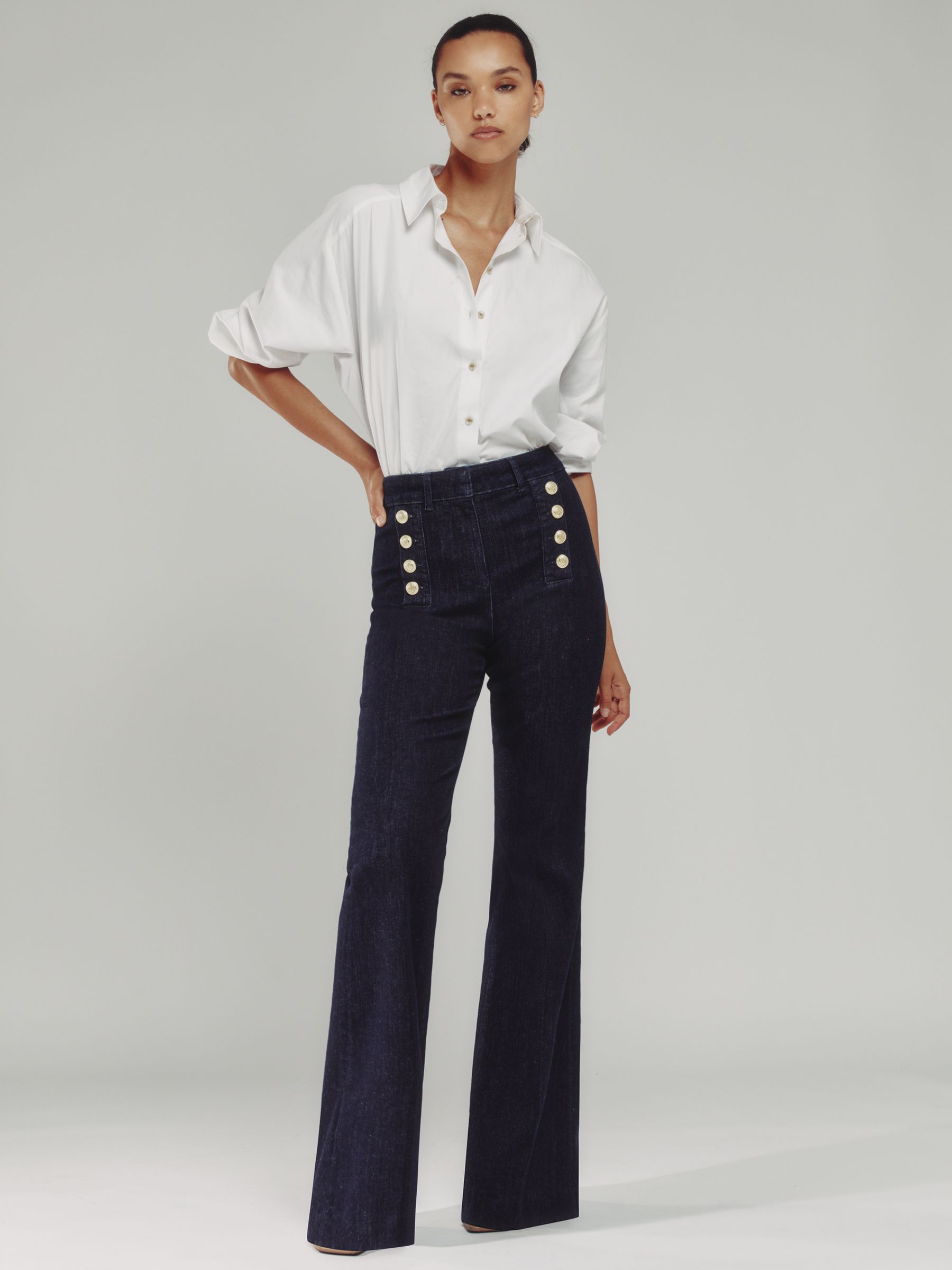 Button-Detail High-Rise Flared Jeans in Dark Blue - Image 1 of 7