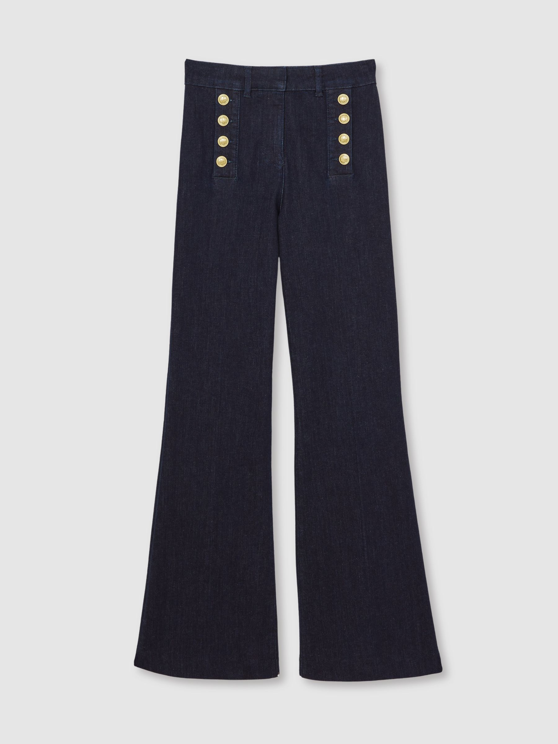 Button-Detail High-Rise Flared Jeans in Dark Blue - Image 2 of 7
