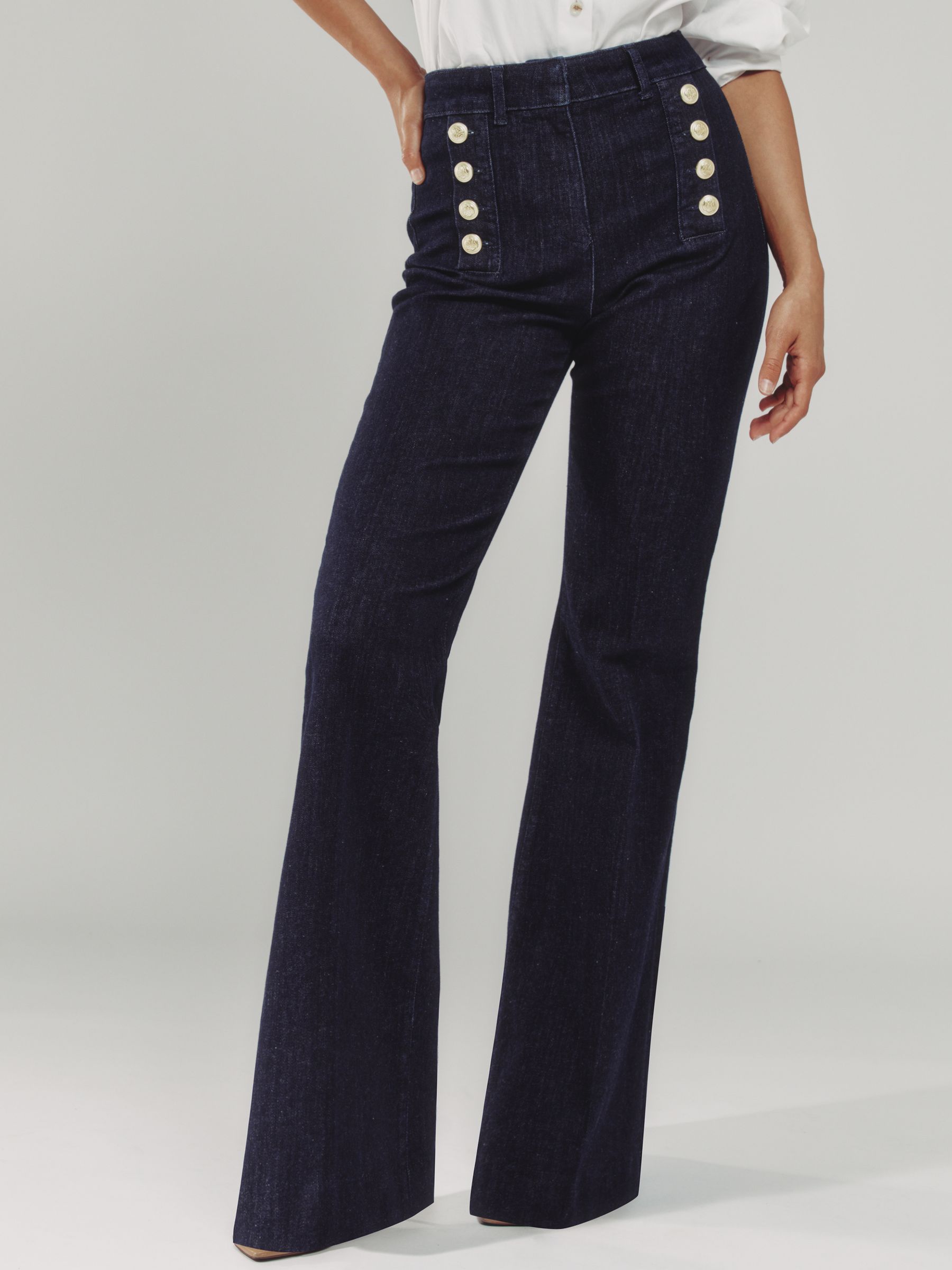 Button-Detail High-Rise Flared Jeans in Dark Blue - Image 3 of 7