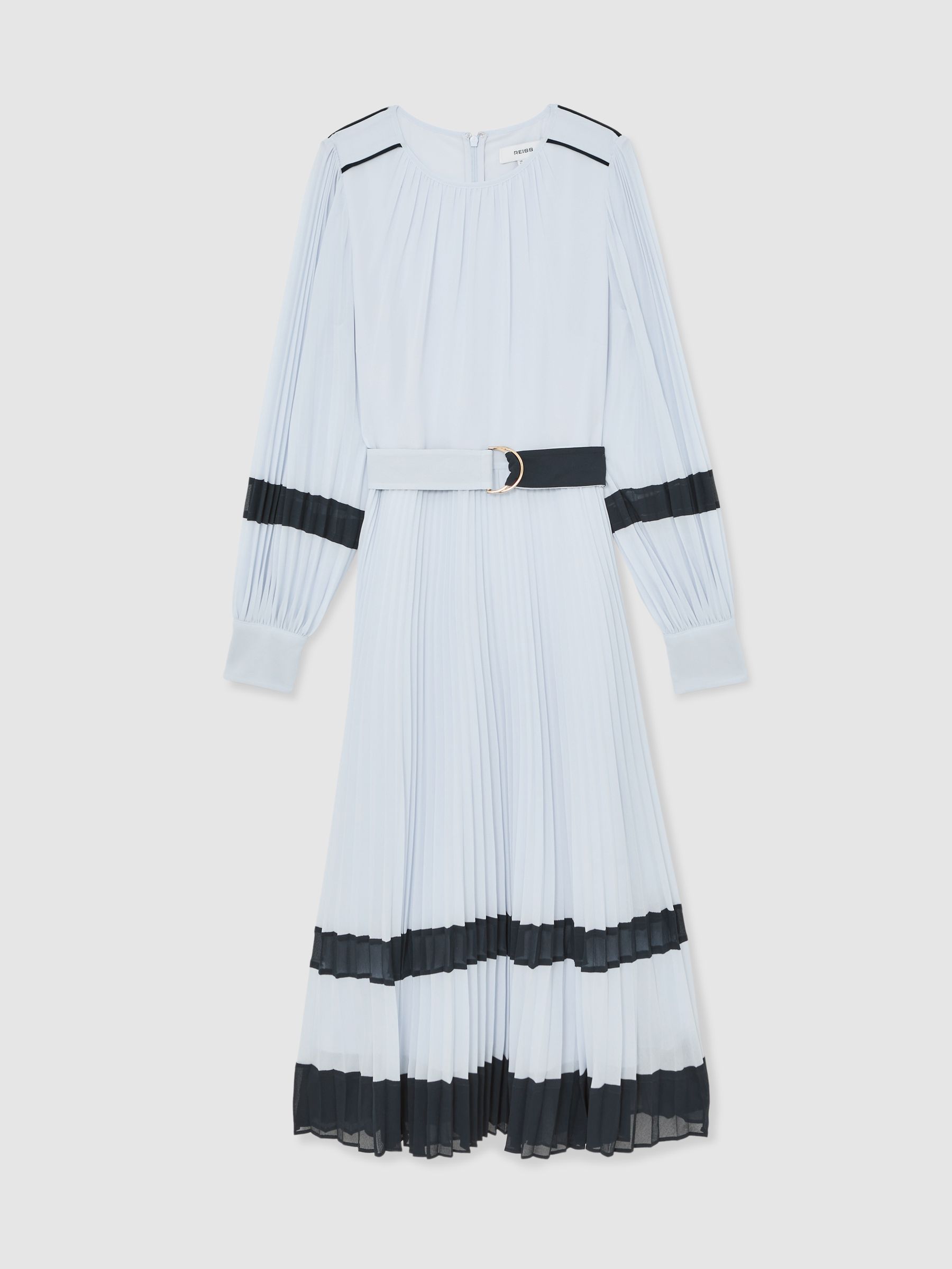 Petite Colour-Block Pleated Midi Dress in Blue/Navy - Image 2 of 7