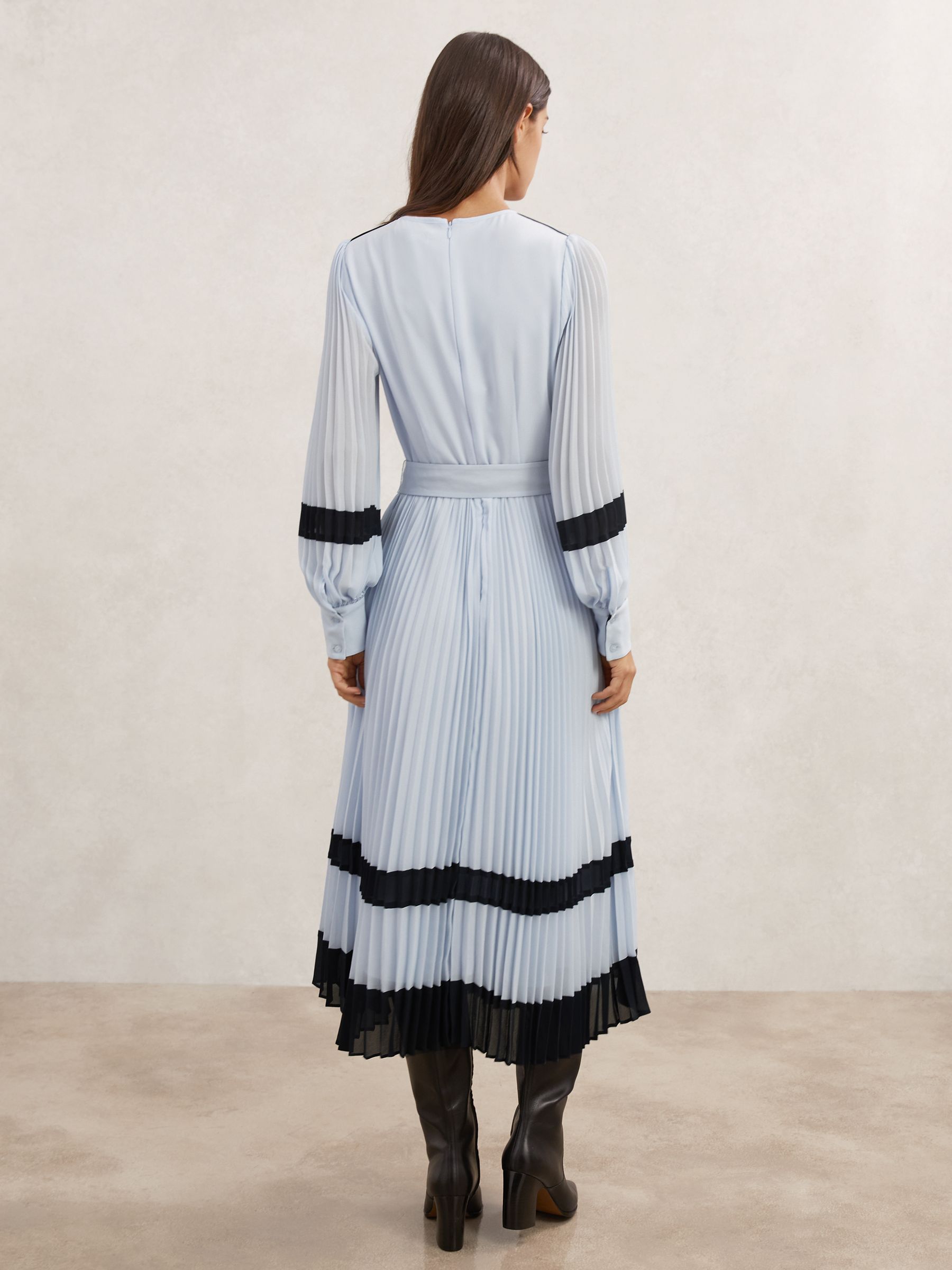 Petite Colour-Block Pleated Midi Dress in Blue/Navy - Image 5 of 7