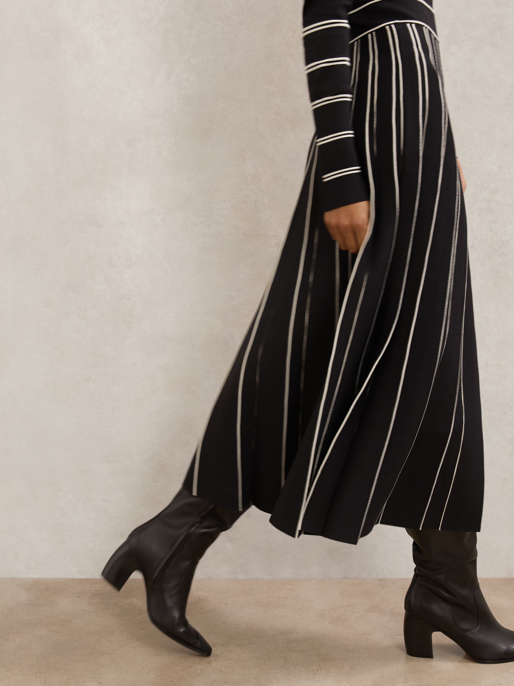Stripe Pleated Knitted Midi Dress in Black/Ivory - Image 4 of 6