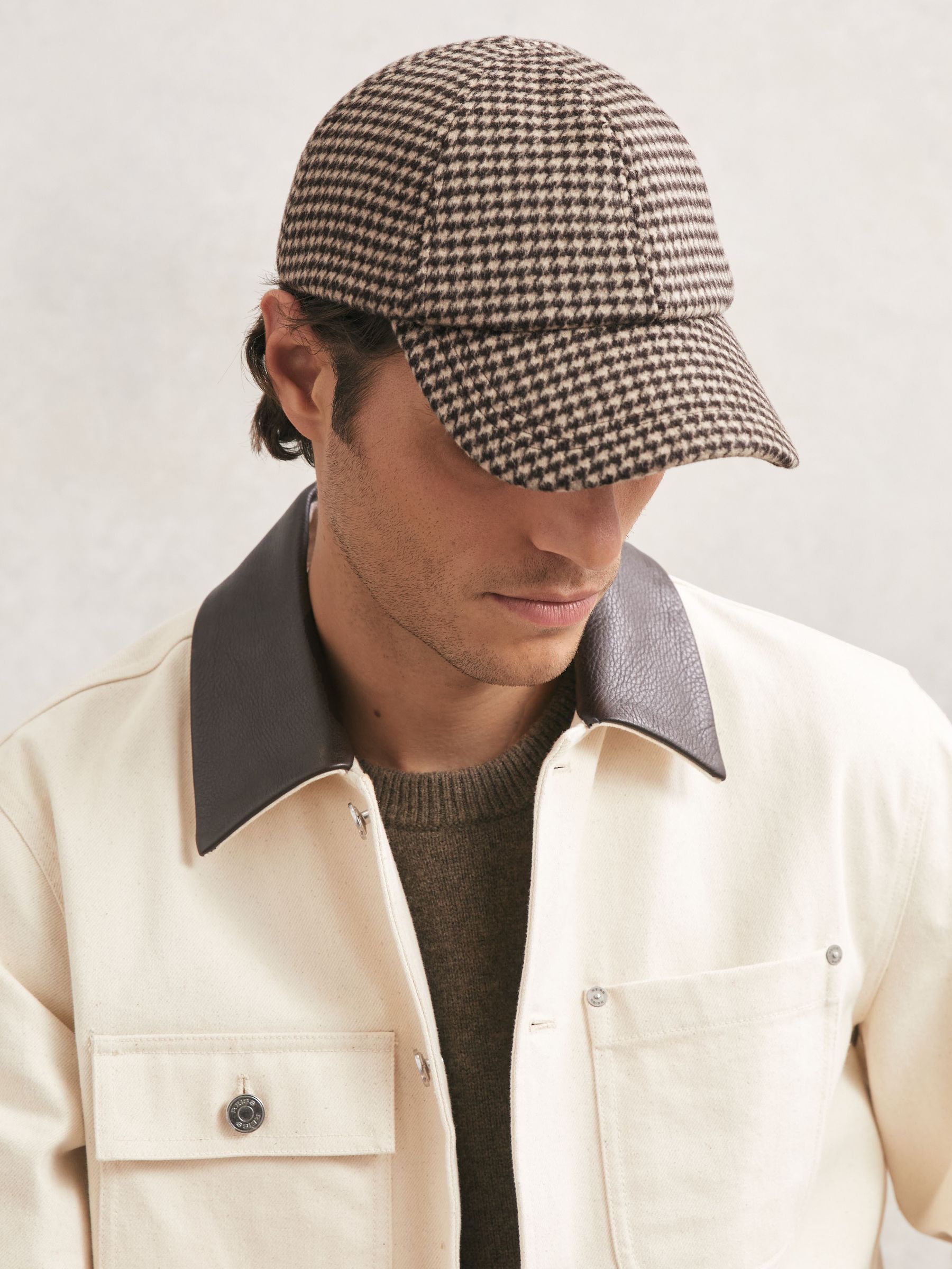 Wool-Blend Houndstooth-Check Cap in Brown - image 1
