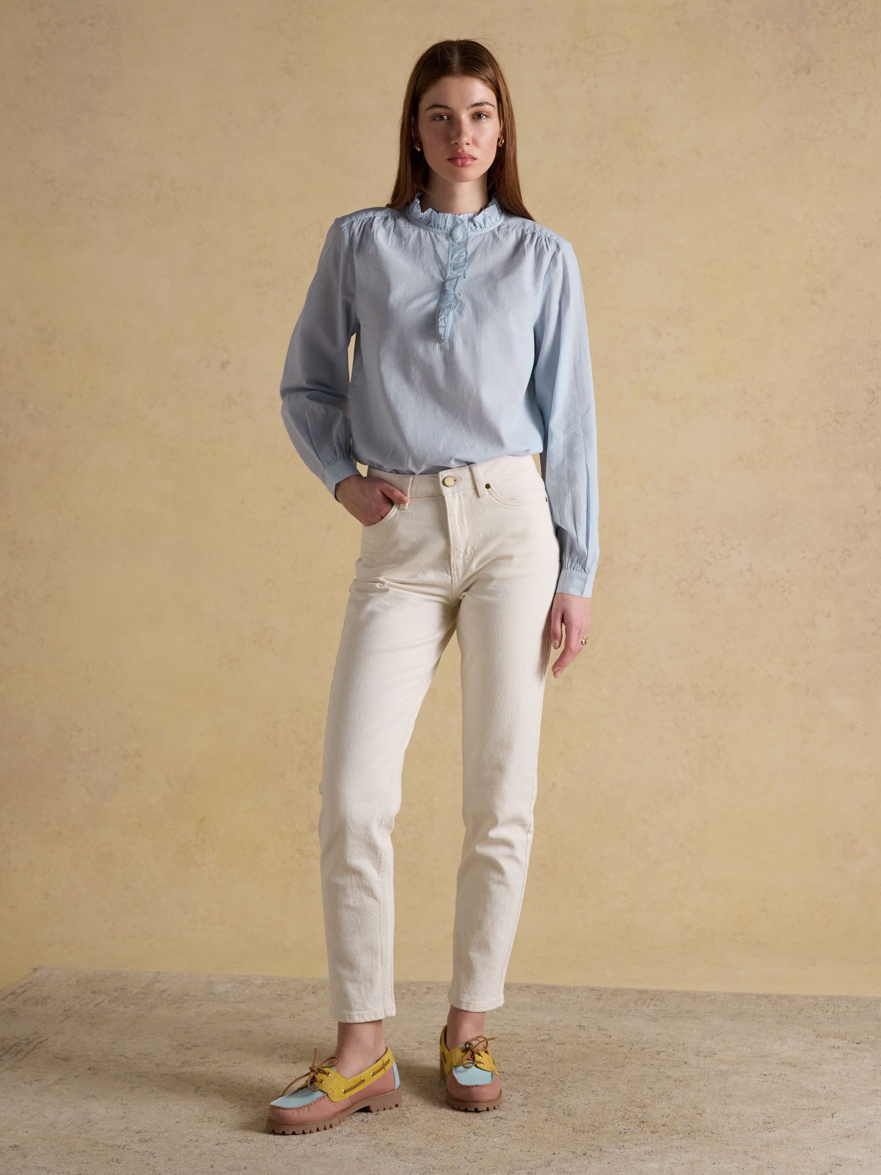 Melanie Blue & White Striped Long Sleeve Blouse with Ruffle Neck