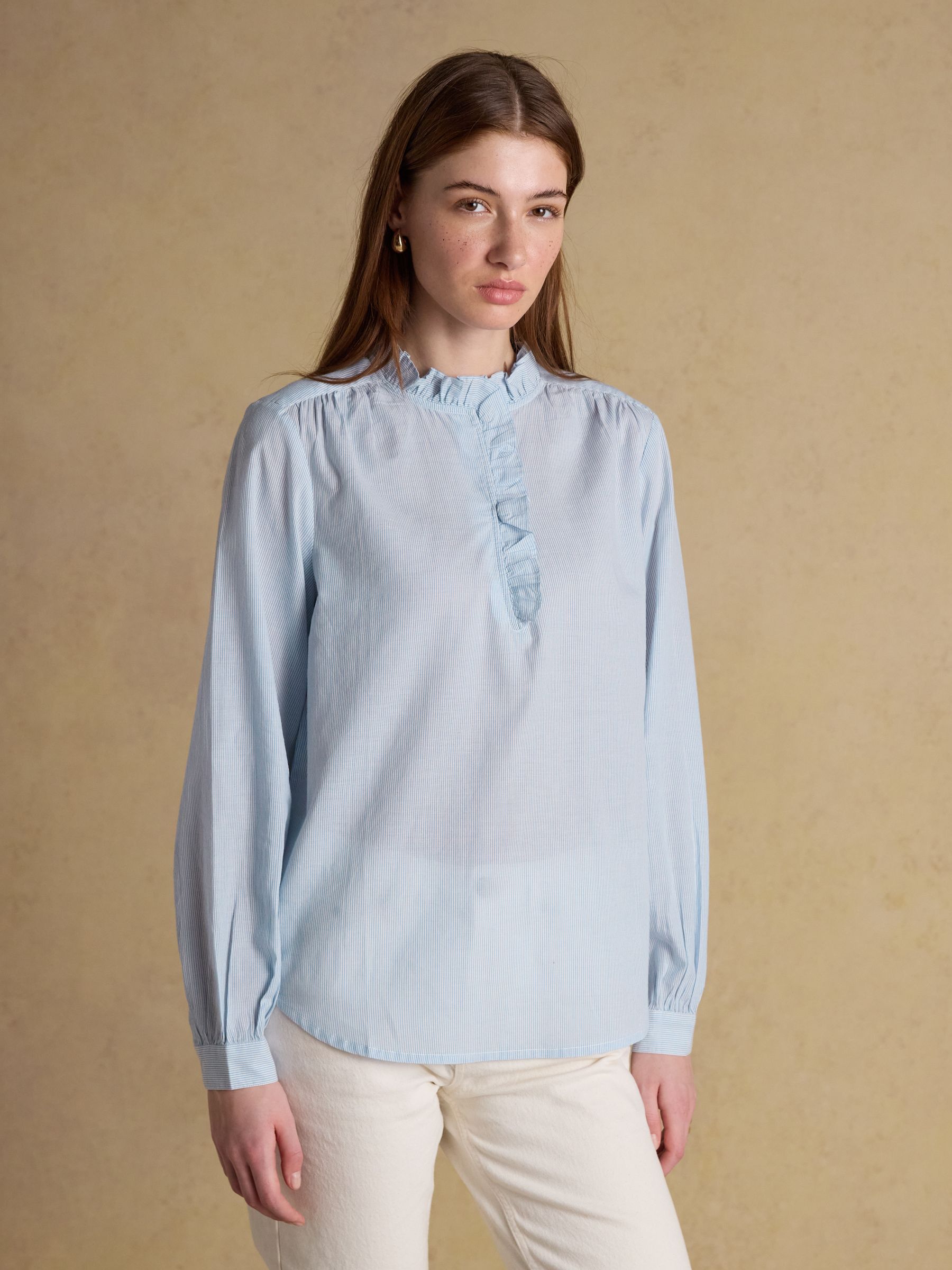 Melanie Blue & White Striped Long Sleeve Blouse with Ruffle Neck